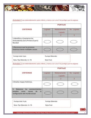 Actividad 2 Lee detenidamente cada criterio y marca con una X el puntaje que te asignas

                                                               PUNTAJE

              CRITERIOS                  Logrado         Medianamente      No Logrado
                                                               Logrado
                                           1                     2               3
1-Identifico y Caracterizo los
Antecedentes de la Primera Guerra
Mundial

2-Reconosco que los procesos
históricos tienen múltiples causas.


 Puntaje total: 6 pts                      Puntaje Obtenido:

 Nota: Ptje Obtenido +1= 70                Nota Final:

Actividad 3 Lee detenidamente cada criterio y marca con una X el puntaje que te asignas

                                                               PUNTAJE

              CRITERIOS                  Logrado         Medianamente      No Logrado
                                                               Logrado
                                           1                     2               3
2-Analizo mapas históricos.



3. Relaciono los acontecimientos
pasados     como    causas    de la
configuración del mundo actual.



 Puntaje total: 6 pts                      Puntaje Obtenido:

 Nota: Ptje Obtenido +1= 70                Nota Final:

                                                                                          14
 