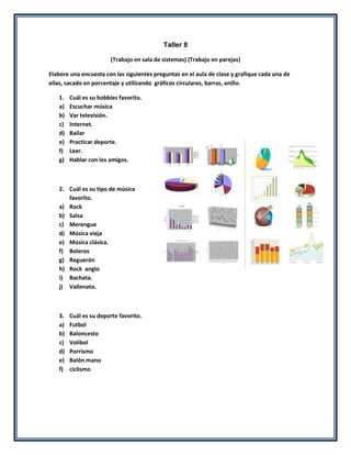 Taller 8

                        (Trabajo en sala de sistemas) (Trabajo en parejas)

Elabore una encuesta con las siguientes preguntas en el aula de clase y grafique cada una de
ellas, sacado en porcentaje y utilizando gráficos circulares, barras, anillo.

   1.   Cuál es su hobbies favorito.
   a)   Escuchar música
   b)   Var televisión.
   c)   Internet.
   d)   Bailar
   e)   Practicar deporte.
   f)   Leer.
   g)   Hablar con los amigos.



   2. Cuál es su tipo de música
      favorito.
   a) Rock
   b) Salsa
   c) Merengue
   d) Música vieja
   e) Música clásica.
   f) Boleros
   g) Reguerón
   h) Rock anglo
   i) Bachata.
   j) Vallenato.



   3.   Cuál es su deporte favorito.
   a)   Futbol
   b)   Baloncesto
   c)   Volibol
   d)   Porrismo
   e)   Balón mano
   f)   ciclismo
 