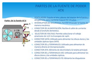PARTES DE LA FUENTE DE PODER
                 ATX
1. VENTILADOR: Expulsa el aire caliente del interior de la fuente y
   del gabinete, para mantener frescos los circuitos
2. INTERRUPTOR DE SEGURIDAD: Permite encender la fuente de
   manera mecánica.
3. CONECTOR DE ALIMENTACIÓN: Recibe el cable de corriente
   desde el enchufe doméstico.
4. SELECTOR DE VOLTAJE: Permite seleccionar el voltaje
   americano de 127V ó el europeo de 240V.
5. CONECTOR SATA: Utilizado para alimentar los discos duros y las
   unidades ópticas tipos SATA.
6. CONECTOR DE 4 TERMINALES: Utilizado para alimentar de
   manera directa al microprocesador.
7. CONECTOR ATX: Alimenta de electricidad a la tarjeta principal.
8. CONECTOR DE 4 TERMINALES IDE: Utilizado para alimentar los
   discos duros y las unidades ópticas.
9. CONECTOR DE 4 TERMINALES FD: Alimenta las disqueteras
 