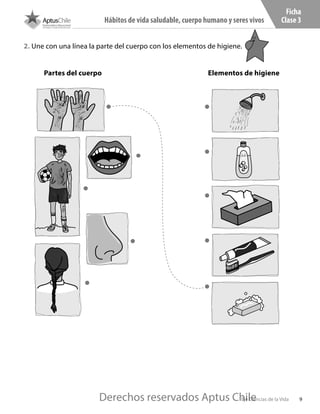 9
Hábitos de vida saludable, cuerpo humano y seres vivos
Eje Ciencias de la Vida
Ficha
Clase 3
2. Une con una línea la parte del cuerpo con los elementos de higiene.
Partes del cuerpo Elementos de higiene
C102.indd 9 18-11-16 11:57
Derechos reservados Aptus Chile
Derechos reservados Aptus Chile
 