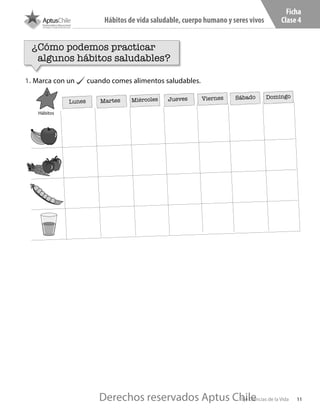 11
Hábitos de vida saludable, cuerpo humano y seres vivos
Eje Ciencias de la Vida
Lunes Miércoles Viernes Domingo
Martes Jueves Sábado
Hábitos
Ficha
Clase 4
¿Cómo podemos practicar
algunos hábitos saludables?
1. Marca con un cuando comes alimentos saludables.
C102.indd 11 18-11-16 11:57
Derechos reservados Aptus Chile
Derechos reservados Aptus Chile
 