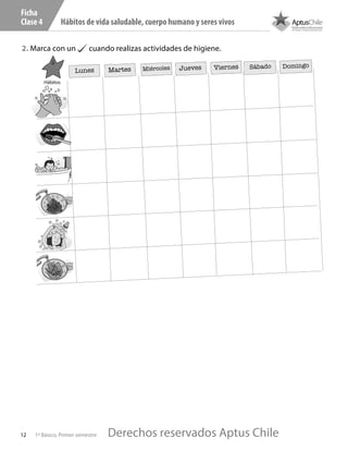 12 1º Básico, Primer semestre
Hábitos de vida saludable, cuerpo humano y seres vivos
Ficha
Clase 4
2. Marca con un cuando realizas actividades de higiene.
Lunes Miércoles Viernes
Martes Jueves
Hábitos
Domingo
Sábado
C102.indd 12 18-11-16 11:57
Derechos reservados Aptus Chile
Derechos reservados Aptus Chile
 