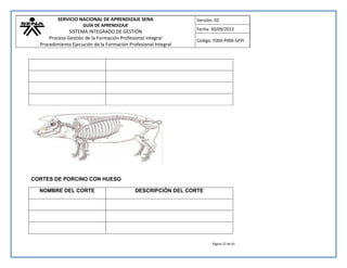 SERVICIO NACIONAL DE APRENDIZAJE SENA 
GUÍA DE APRENDIZAJE 
SISTEMA INTEGRADO DE GESTIÓN 
Proceso Gestión de la Formación Profesional Integral 
Procedimiento Ejecución de la Formación Profesional Integral 
Versión: 02 
Fecha: 30/09/2013 
Código: F004-P006-GFPI 
Página 22 de 41 
CORTES DE PORCINO CON HUESO 
NOMBRE DEL CORTE 
DESCRIPCIÓN DEL CORTE 
 