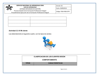 SERVICIO NACIONAL DE APRENDIZAJE SENA 
GUÍA DE APRENDIZAJE 
SISTEMA INTEGRADO DE GESTIÓN 
Proceso Gestión de la Formación Profesional Integral 
Procedimiento Ejecución de la Formación Profesional Integral 
Versión: 02 
Fecha: 30/09/2013 
Código: F004-P006-GFPI 
Página 23 de 41 
Actividad 3.3.10 Mi cliente 
Lea detenidamente el siguiente cuadro, con los tipos de cientes: 
CLASIFICACION DE LOS CLIENTES SEGÚN 
COMPORTAMIENTO TIPOS CARACTERISTICAS  