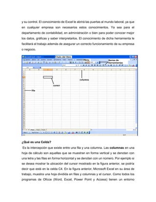 y su control. El conocimiento de Excel le abrirá las puertas al mundo laboral, ya que
en cualquier empresa son necesarios estos conocimientos. Ya sea para el
departamento de contabilidad, en administración o bien para poder conocer mejor
los datos, gráficas y saber interpretarlos. El conocimiento de dicha herramienta le
facilitará el trabajo además de asegurar un correcto funcionamiento de su empresa
o negocio.
¿Qué es una Celda?
Es la intercepción que existe entre una fila y una columna. Las columnas en una
hoja de cálculo son aquellas que se muestran en forma vertical y se denotan con
una letra y las filas en forma horizontal y se denotan con un número. Por ejemplo si
se desea mostrar la ubicación del cursor mostrado en la figura anterior, se podría
decir que está en la celda C4. En la figura anterior, Microsoft Excel en su área de
trabajo, muestra una hoja dividida en filas y columnas y el cursor. Como todos los
programas de Oficce (Word, Excel, Power Point y Access) tienen un entorno
 