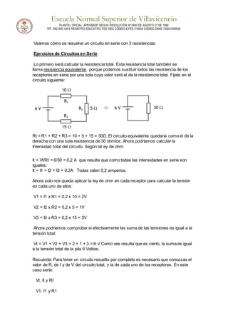 Escuela Normal Superior de Villavicencio
PLANTEL OFICIAL APROBADO SEGÚN RESOLUCIÓN Nº 0600 DE AGOSTO 27 DE 1999
NIT: 892.099.128-6 REGISTRO EDUCATIVO FOE 0502 CÓDIGO ICFES 010934 CÓDIGO DANE 150001000936
Veamos cómo se resuelve un circuito en serie con 3 resistencias.
Ejercicios de Circuitos en Serie
Lo primero será calcular la resistencia total. Esta resistencia total también se
llama resistencia equivalente, porque podemos sustituir todos las resistencia de los
receptores en serie por una sola cuyo valor será el de la resistencia total. Fíjate en el
circuito siguiente:
Rt = R1 + R2 + R3 = 10 + 5 + 15 = 30Ω. El circuito equivalente quedaría como el de la
derecha con una sola resistencia de 30 ohmios. Ahora podríamos calcular la
Intensidad total del circuito. Según lal ey de ohm:
It = Vt/Rt = 6/30 = 0,2 A que resulta que como todas las intensidades en serie son
iguales:
It = I1 = I2 = I3 = 0,2A Todas valen 0,2 amperios.
Ahora solo nos queda aplicar la ley de ohm en cada receptor para calcular la tensión
en cada uno de ellos:
V1 = I1 x R1 = 0,2 x 10 = 2V
V2 = I2 x R2 = 0,2 x 5 = 1V
V3 = I3 x R3 = 0,2 x 15 = 3V
Ahora podríamos comprobar si efectivamente las suma de las tensiones es igual a la
tensión total:
Vt = V1 + V2 + V3 = 2 + 1 + 3 = 6 V Como ves resulta que es cierto, la suma es igual
a la tensión total de la pila 6 Voltios.
Recuerda: Para tener un circuito resuelto por completo es necesario que conozcas el
valor de R, de I y de V del circuito total, y la de cada uno de los receptores. En este
caso sería:
Vt, It y Rt
V1, I1 y R1
 