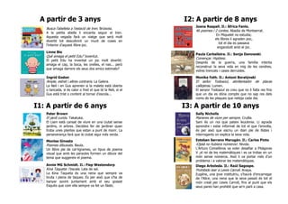 A partir de 3 anys I2: A partir de 8 anys
Busca l’abelleta a l’estació de tren. Brúixola.
A la petita abella li encanta seguir el tren.
Aquesta vegada farà un viatge que serà molt
divertit tot descobrint un munt de coses en
l’interior d’aquest llibre-joc.
Joana Raspall. Il.: Àfrica Fanlo.
46 poemes i 2 contes. Abadia de Montserrat.
En Miquelet no estudia;
els llibres li agraden poc,
tot el dia es passava
engandulit amb el joc.
Linne Bie
Què amaga el petit Edu? Joventut.
El petit Edu ha inventat un joc molt divertit:
amaga el cap, la boca, les orelles, el nas... però
que amaga darrere els seus dos amics estimats?
Paula Carballeira. Il.: Sonja Danowski.
Començar. Hipòtesi.
Després de la guerra, una família intenta
reconstruir la seva vida en mig de les cendres,
vidres trencats i cases derruïdes.
Ingrid Godon
Ample, estret i altres contraris. La Galera.
La Neli i en Gus aprenen si la maleta està oberta
o tancada, si és calor o fred el que té la Neli, si el
Gus està trist o content al tornar d’escola...
Monika Feth. Il.: Antoni Boratýnski
El señor Todoazul, abrillantador de placas
callejeras. Lumen.
El senyor Todoazul es creu que no li falta res fins
que un dia es dóna compte que no sap res dels
noms de les plaques que neteja cada dia.
I1: A partir de 6 anys I3: A partir de 10 anys
Peter Brown
El jardí curiós. Takatuka.
El Liam està cansat de viure en una ciutat sense
jardins, ni arbres. Decideix fer de jardiner quan
troba unes plantes que estan a punt de morir. La
perseverança farà que la ciutat sigui més verda.
Sally Nicholls
Maneres de viure per sempre. Cruïlla.
Sam és un noi que pateix leucèmia. Li agrada
aprendre i estar informat de tot el que l’envolta,
és per això que escriu un diari ple de llistes i
interrogants on explica la seva vida.
Montse Ginesta
Poemes dibuixats. Baula.
Un llibre ple de cal·ligrames, un tipus de poema
visual que amb les paraules formen un dibuix del
tema que suggereix el poema.
Esteban Serrano Marugán. Il.: Carlos Pinto
¡Ojalá no hubiera números!. Nivola.
L’Arturo Comelibros va voler desafiar a Pitágoras
V ,el rei de les matemàtiques i es va trobar en un
món sense números. Això li va portar més d’un
problema i a valorar les matemàtiques.
Annie MG Schmidt. Il.: Fiep Westendorp
Kina Taqueta: l’escala. Lata de sal.
La Kina Taqueta és una nena que sempre va
bruta i plena de taques. És per això que s’ha de
banyar sovint juntament amb el seu gosset
Esquitx que com ella sempre va fet un fàstic.
Diego Arboleda. Il.: Raúl Sagospe.
Prohibido leer a Lewis Carroll. Anaya.
Eugéne, una jove institutriu, s’haurà d’encarregar
de l’Alice, una nena que la seva passió és tot el
món creat per Lewis Carroll, fins al punt que els
seus pares han prohibit que se’n parli a casa.
 