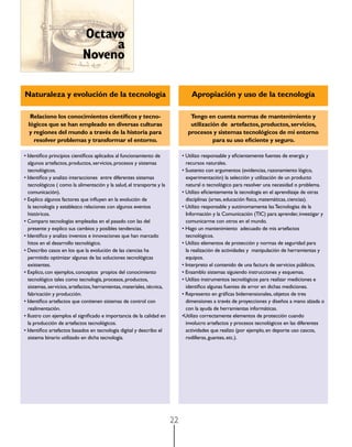 Octavo
                                 a
                            Noveno

Naturaleza y evolución de la tecnología                                          Apropiación y uso de la tecnología

   Relaciono los conocimientos científicos y tecno-                             Tengo en cuenta normas de mantenimiento y
  lógicos que se han empleado en diversas culturas                              utilización de artefactos, productos, servicios,
  y regiones del mundo a través de la historia para                            procesos y sistemas tecnológicos de mi entorno
    resolver problemas y transformar el entorno.                                         para su uso eficiente y seguro.

• Identifico principios científicos aplicados al funcionamiento de           • Utilizo responsable y eficientemente fuentes de energía y
  algunos artefactos, productos, servicios, procesos y sistemas                recursos naturales.
  tecnológicos.                                                              • Sustento con argumentos (evidencias, razonamiento lógico,
• Identifico y analizo interacciones  entre diferentes sistemas                experimentación) la selección y utilización de un producto
  tecnológicos ( como la alimentación y la salud, el transporte y la           natural o tecnológico para resolver una necesidad o problema.
  comunicación).                                                             • Utilizo eficientemente la tecnología en el aprendizaje de otras
• Explico algunos factores que influyen en la evolución de                     disciplinas (artes, educación física, matemáticas, ciencias).
  la tecnología y establezco relaciones con algunos eventos                  • Utilizo responsable y autónomamente las Tecnologías de la
  históricos.                                                                  Información y la Comunicación (TIC) para aprender, investigar y
• Comparo tecnologías empleadas en el pasado con las del                       comunicarme con otros en el mundo.
  presente y explico sus cambios y posibles tendencias.                      • Hago un mantenimiento  adecuado de mis artefactos
• Identifico y analizo inventos e innovaciones que han marcado                 tecnológicos.
  hitos en el desarrollo tecnológico.                                        • Utilizo elementos de protección y normas de seguridad para
• Describo casos en los que la evolución de las ciencias ha                    la realización de actividades y manipulación de herramientas y
  permitido optimizar algunas de las soluciones tecnológicas                   equipos.
  existentes.                                                                • Interpreto el contenido de una factura de servicios públicos.
• Explico, con ejemplos, conceptos  propios del conocimiento                 • Ensamblo sistemas siguiendo instrucciones y esquemas.
  tecnológico tales como tecnología, procesos, productos,                    • Utilizo instrumentos tecnológicos para realizar mediciones e
  sistemas, servicios, artefactos, herramientas, materiales, técnica,          identifico algunas fuentes de error en dichas mediciones.
  fabricación y producción.                                                  • Represento en gráficas bidemensionales, objetos de tres
• Identifico artefactos que contienen sistemas de control con                  dimensiones a través de proyecciones y diseños a mano alzada o
  realimentación.                                                              con la ayuda de herramientas informáticas.
• Ilustro con ejemplos el significado e importancia de la calidad en         •Utilizo correctamente elementos de protección cuando
  la producción de artefactos tecnológicos.                                    involucro artefactos y procesos tecnológicos en las diferentes
• Identifico artefactos basados en tecnología digital y describo el            actividades que realizo (por ejemplo, en deporte uso cascos,
  sistema binario utilizado en dicha tecnología.                               rodilleras, guantes, etc.).




                                                                        22
 