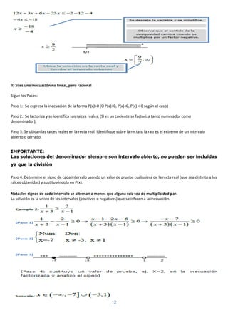 12
II) Si es una inecuación no lineal, pero racional
Sigue los Pasos:
Paso 1: Se expresa la inecuación de la forma P(x)>0 (O P(x)>0, P(x)<0, P(x) < 0 según el caso)
Paso 2: Se factoriza y se identifica sus raíces reales. (Si es un cociente se factoriza tanto numerador como
denominador).
Paso 3: Se ubican las raíces reales en la recta real. Identifique sobre la recta si la raíz es el extremo de un intervalo
abierto o cerrado.
IMPORTANTE:
Las soluciones del denominador siempre son intervalo abierto, no pueden ser incluidas
ya que la división
Paso 4: Determine el signo de cada intervalo usando un valor de prueba cualquiera de la recta real (que sea distinto a las
raíces obtenidas) y sustituyéndola en P(x).
Nota: los signos de cada intervalo se alternan a menos que alguna raíz sea de multiplicidad par.
La solución es la unión de los intervalos (positivos o negativos) que satisfacen a la inecuación.
 