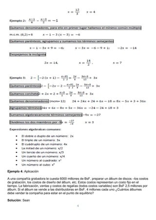 4
Ejemplo 4: Aplicación
A una compañía grabadora le cuesta 6000 millones de BsF. preparar un álbum de discos –los costos
de grabación, los costos de diseño del álbum, etc. Estos costos representan un costo fijo en el
tiempo. La fabricación, ventas y costos de regalías (todos costos variables) son BsF 2,5 millones por
álbum. Si el álbum se vende a las distribuidoras en BsF. 4 millones cada uno ¿Cuántos álbumes
debe vender la compañía para estar en el punto de equilibrio?
Solución: Sean
 