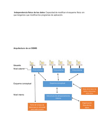 Independencia física de los datos Capacidad de modificar el esquema físico sin
que tengamos que modificar los programas de aplicación.
Arquitectura de un DBMS
Usuario
Nivel externo
Esquema conceptual
Nivel interno
Vista externa Vistaexterna Vista externa
Esquema conceptual
Estructuras de almacenamiento
interno
Datos de la base de
datos y relaciones
entre ellos
Organización
física de los
datos
almacenadosen
el ordenador
Parte de la base de
datosque es relevante
para cada usuario
 