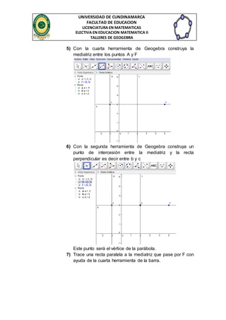 UNIVERSIDAD DE CUNDINAMARCA 
FACULTAD DE EDUCACION 
LICENCIATURA EN MATEMATICAS 
ELECTIVA EN EDUCACION MATEMATICA II 
TALLERES DE GEOGEBRA 
5) Con la cuarta herramienta de Geogebra construya la 
mediatriz entre los puntos A y F 
6) Con la segunda herramienta de Geogebra construya un 
punto de intercesión entre la mediatriz y la recta 
perpendicular es decir entre b y c 
Este punto será el vértice de la parábola. 
7) Trace una recta paralela a la mediatriz que pase por F con 
ayuda de la cuarta herramienta de la barra. 
 