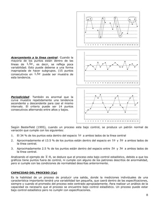 8
8
11,1122
14,2244
17,3366
20,4488
1 2 3 4 5 6 7 8 9 10 11 12 13 14 15 16 17 18 19 20 21 22
Acercamiento a la línea central: Cuando la
mayoría de los puntos están dentro de las
líneas de 1,5σ , es decir, se refleja poca
variabilidad. Esto puede deberse a una forma
inapropiada de hacer subgrupos. (15 puntos
consecutivos en 1,5σ puede ser muestra de
esta tendencia.
8
11,1122
14,2244
17,3366
20,4488
1 2 3 4 5 6 7 8 9 10 11 12 13 14 15 16 17 18 19 20 21 22
Periodicidad: También es anormal que la
curva muestre repetidamente una tendencia
ascendente y descendente para casi el mismo
intervalo. El criterio puede ser 14 puntos
consecutivos alternando entre altos y bajos.
8
11,1122
14,2244
17,3366
20,4488
1 2 3 4 5 6 7 8 9 10 11 12 13 14 15 16 17 18 19 20 21 22
Según Besterfield (1995), cuando un proceso esta bajo control, se produce un patrón normal de
variación que cumple con los siguientes:
1. El 34 % de los puntos esta dentro del espacio 1 a ambos lados de la línea central
2. Aproximadamente el 13.5 % de los puntos están dentro del espacio en 1σ y 2σ a ambos lados de
la línea central.
3. Aproximadamente 2.5 % de los puntos están dentro del espacio entre 2σ y 3σ a ambos lados de
la línea central.
Analizando el ejemplo de X -R, se deduce que el proceso esta bajo control estadístico, debido a que los
gráficos tiene puntos fuera de control, ni cumple con alguno de los patrones descritos de anormalidad,
pero si cumple con las condiciones de normalidad descritas anteriormente.
CAPACIDAD DEL PROCESO (Cp)
Es la habilidad de un proceso de producir una salida, donde la mediciones individuales de una
característica importante tendrá una variabilidad tan pequeña, que caerá dentro de las especificaciones,
siempre y cuando el promedio del proceso este centrado apropiadamente. Para realizar un análisis de la
capacidad es necesario que el proceso se encuentre bajo control estadístico. Un proceso puede estar
bajo control estadístico pero no cumplir con especificaciones.
 