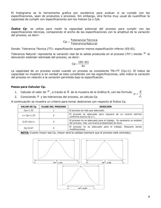 9
El histograma es la herramienta grafica por excelencia para evaluar si se cumple con las
especificaciones, sean de productos o procesos. Sin embargo, otra forma muy usual de cuantificar la
capacidad de cumplir con especificaciones son los índices Cp y Cpk.
Índice Cp: se utiliza para medir la capacidad potencial del proceso para cumplir con las
especificaciones técnicas, comparando el ancho de las especificaciones con la amplitud de la variación
del proceso, es decir:
NaturalTolerancia
TécnicaTolerancia
Cp 
Donde: Tolerancia Técnica (TT): especificación superior menos especificación inferior (ES-EI).
Tolerancia Natural: representa la variación real de la salida producida en el proceso ( 6 ) siendo  la
desviación estándar estimada del proceso, es decir:
6
EI)-(ES
Cp 
La capacidad de un proceso existe cuando un proceso es consistente TN<TT (Cp>1). El índice de
capacidad no muestra si en verdad se esta cumpliendo con las especificaciones, solo indica la variación
del proceso en relación a la variación permitida bajo la especificación.
Pasos para Calcular Cp.
1. Calcular el valor de  , a través el R de la muestra de la Gráfica R, con las formula:
2. Conociendo σ y las tolerancias del proceso, se calcula Cp.
A continuación se muestra un criterio para tomar dediciones con respecto al Índice Cp.
VALOR DE Cp CLASE DEL PROCESO DESICIÓN
Cp>1.33 1 El proceso es más que adecuado.
1< Cp<1.33 2
El proceso es adecuado pero requiere de un control estricto
conforme acerca Cp a 1.
0.67<Cp<1 3
El proceso no es adecuado para el trabajo. Es necesario un análisis
del proceso. Hay una buena probabilidad de éxito
Cp<0.67 4
El proceso no es adecuado para el trabajo. Requiere serias
modificaciones.
NOTA: Cuanto mayor sea Cp, mayor será la calidad (siempre que el proceso esté centrado).
-4 -2.2 -1.3 -0.3 0.7 1.7 2.7
4
CP = 0,67
6
EIES
-4 -2.2 -1.3 -0.3 0.7 1.7 2.7
8
CP = 1,33
6
ES EI
-4 -2.2 -1.3 -0.3 0.7 1.7 2.7
6
CP = 1,00
6
EIES
2d
R

 