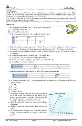Trinity School                                                                        Eruditio et Religio

   En Resumen:
   Si X e Y son dos variables directamente proporcionales, cuya relación queda representada por  = ,
   donde k es la constante de proporcionalidad, el grafico correspondiente es una Linea recta que pasa por
   el origen del sistema (si x = 0, entonces,  =  · 0 = 0 ).
   En un grafico como este, el valor de la constante de proporcionalidad está relacionado con el grado de
   inclinación con respecto al eje horizontal.

EJERCICIOS

   1- A varia proporcionalmente a B. Si A = 20 cuando B=4, calcula.
    a) El valor de A cuando B = 1,5
    b) El valor de B cuando A=15
   2- Si Z varia proporcionalmente a X, completa la siguiente tabla.

            Z    4                    16

            X    1       3                                1
                                                      5
                                                          2

   3- La impresora de un colegio imprime 54 informes de notas en 3 minutos. ¿Cuántos informes imprime
       en 1 minuto? ¿ Cuánto tiempo demora en imprimir los informes de los 2.745 alumnos del colegio?.
   4- Un vehículo recorre 150 kilómetros en 2,5 horas. ¿Cuántos kilómetros recorre en 4 horas, si su rapidez
       es constante?
   5- V varia proporcionalmente al cubo de R y V=16 cuando R=2.
      a) ¿Cuál es el valor de la constante de proporcionalidad?
      b) Escribe la expresión algebraica que conecta las variables V y R.
      c) Completa la tabla en tu cuaderno

          V                                     16                 128
          R                  1                  2                                   11

   6- En un experimento, los valores de las variables A y B fueron los siguientes:

            A                     4                           32                62,5
            B                     2                           4                 5

     a) Si K representa un valor fijo, ¿Cuál de las siguientes expresiones describe a relación que se dio entre
           estas variables?
       I.  = 
      II.  =  2
    III.  =  3
     b) ¿Cuánto vale K?
   7- Un estanque se puede llenar por la acción de cualquiera
        de las tres llaves de alimentación que posee. En el
        grafico siguiente se refleja la rapidez con que se llenaría
        es estanque dependiendo de la llave que se abra.
    a) ¿Cuál de las tres llaves demorara más tiempo en llenar
          el estanque?
    b) ¿Cuántos litros por minuto arroja cada una de las
          llaves?
    c) Si la capacidad del estanque es de 5.250 litro, ¿Cuánto
          tiempo demoraran en llenar el estanque las tres llaves
          juntas?


Miss Karina Morales C.                     Página 3                      Unidad: Variaciones Proporcionales
 