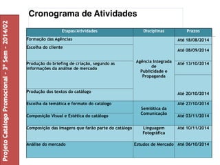 Cronograma de Atividades 
Etapas/Atividades Disciplinas Prazos 
Formação das Agências 
Agência Integrada 
de 
Publicidade e 
Propaganda 
Até 18/08/2014 
Escolha do cliente 
Até 08/09/2014 
Produção do briefing de criação, segundo as 
informações da análise de mercado 
Até 13/10/2014 
Produção dos textos do catálogo Até 20/10/2014 
Escolha da temática e formato do catálogo 
Semiótica da 
Comunicação 
Até 27/10/2014 
Composição Visual e Estética do catálogo Até 03/11/2014 
Composição das Imagens que farão parte do catálogo Linguagem 
Fotográfica 
Até 10/11/2014 
Análise do mercado Estudos de Mercado Até 06/10/2014 
Projeto Catálogo Promocional – 3º Sem – 2014/02 
 