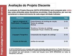 Avaliação do Projeto Discente 
A NOTA INTEGRADA será composta pelas notas atribuídas pelas disciplinas ao Projeto Discente e a 
nota indicada pela disciplina de ÉTICA E LEGISLAÇÃO PUBLICITÁRIA correspondente ao instrumento 
de avaliação que será aplicado. A média será lançada como NOTA INTEGRADA em todas as 
disciplinas, como AV2. Projeto Catálogo Promocional – 3º Sem – 2014/02 
A avaliação do Projeto Discente (NOTA INTEGRADA) será composta pela média 
das notas atribuídas pelas disciplinas envolvidas. Cada disciplina, por sua vez, 
considerará o desenvolvimento de cada etapa/ atividade indicada: 
Disciplinas Etapas/Atividades Nota 
Agência Integrada de 
Publicidade e Propaganda 
Preenchimento do briefing de criação; 
Textos do catálogo; 
Mockup 
0-10 
Semiótica da Comunicação Temática e formato do catálogo; 
Composição Visual e Estética do catálogo 
0-10 
Linguagem Fotográfica Composição das Imagens do catálogo 0-10 
Estudos de Mercado Análise do mercado 0-10 
 