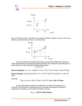 TEMA 3: TRABAJO Y CALOR
TERMODINÁMICA.
23
Para un Resorte Lineal el cambio de la presión ejercida, también es lineal, por lo que
debemos unir estos dos puntos con una línea recta:
Ya que contamos con la gráfica del proceso y que el área debajo de la misma se
puede descomponer en dos figuras regulares sencillas: A1 (rectángulo) y A2 (triángulo), se
puede obtener el valor absoluto del trabajo gráficamente:
ATot= A1+ A2
Para el rectángulo: A1 = b*h = (2.324*10-5
m3
-2 *10-5
) m3
* (101.33 kPa) = 3.28 *10-4
Kjoul
Para el triángulo: A2=(b*h)/2 (2.324*10-5
m3
-2 *10-5
) m3
* (304-101.33) kPa /2 = 3.28 *10-4
Kjoul
Entonces:
1W2Total = ATot= 3.28 *10-4
Kjoul + 3.28 *10-4
Kjoul= 6.56 *10-4
Kjoul
El signo del trabajo se determina analizando si el sistema se expande o se
comprime. En este caso en particular por ser un proceso de expansión el trabajo es
realizado por el sistema, y por lo tanto es Positivo, así que:
1W2Total = 6.56 *10-4
Kjoul (Resp.)
P (kPa)
V (m3
)
V1 V2
101.33
304.00
(1)
(2)
A2
P (kPa)
304
(2)
V (m3
)
V1 V2
101.33
(1)
A1
 