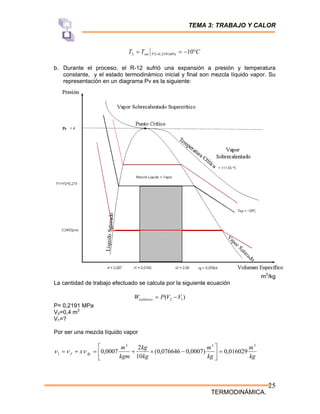 TEMA 3: TRABAJO Y CALOR
TERMODINÁMICA.
25
C
T
T MPa
P
sat °
−
=
= = 10
2191
,
0
2
2
b. Durante el proceso, el R-12 sufrió una expansión a presión y temperatura
constante, y el estado termodinámico inicial y final son mezcla líquido vapor. Su
representación en un diagrama Pv es la siguiente:
m3
/kg
La cantidad de trabajo efectuado se calcula por la siguiente ecuación
)
( 1
2 V
V
P
Wisobárico −
=
P= 0,2191 MPa
V2=0,4 m3
V1=?
Por ser una mezcla líquido vapor
kg
m
kg
m
kg
kg
kgm
m
x fg
f
3
3
3
1 016029
,
0
)
0007
,
0
076646
,
0
(
10
2
0007
,
0 =
⎥
⎦
⎤
⎢
⎣
⎡
−
×
+
=
+
= ν
ν
ν
 