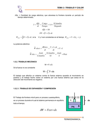 TEMA 3: TRABAJO Y CALOR
TERMODINÁMICA.
6
δQc = Cantidad de carga eléctrica, que atraviesa la frontera durante un período de
tiempo determinado.
Segundo
Columbio
A
Tiempo
a
C
dt
dQc
I
1
1
1
arg
=
=
=
=
Idt
dQc =
( ) dt
I
V
W ×
×
=
∂
( ) dt
I
V
Welecl ×
×
= ∫ ; si la V y I son constantes en el tiempo )
( 1
2 t
t
I
V
Welecl −
×
=
La potencia eléctrica
I
V
dt
dt
I
V
dt
Welct
elect
W ×
=
×
×
=
=
• .
.
δ
Watt
S
Joule
S
Columbio
Columbio
Joule
elec
W =
=
×
=
•
1
1
1.5.2. TRABAJO MECÁNICO
W = F x S
Si la fuerza no es constante
∫ ×
= ds
F
W
2
1
El trabajo que efectúa un sistema contra la fuerza externa opuesta al movimiento es
positivo y el trabajo hecho sobre un sistema por una fuerza externa que actúa en la
dirección del movimiento es negativo.
1.5.2.1. TRABAJO DE EXPANSIÓN Y COMPRESIÓN
El Trabajo de frontera móvil para un proceso cuasiequilibrio,
es un proceso durante el cual el sistema permanece en equilibrio
todo el tiempo.
dx
Fext
W ×
=
δ
A
PA
dx
 