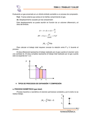 TEMA 3: TRABAJO Y CALOR
TERMODINÁMICA.
7
Evaluando un gas encerrado en un cilindro émbolo sometido a un proceso de compresión.
Fext : Fuerza externa que actúa en la interfaz comprimiendo el gas.
dx: Desplazamiento causado por las comprensión
Este desplazamiento se puede escribir en función de un volumen diferencial y el
área del émbolo.
A
dv
dx
dx
A
dv =
⇒
×
=
dV
P
Aemb
dV
Fext
W .
=
×
=
δ
∫
=
2
1
2
1 Pdv
W
Para calcular el trabajo total requiere conocer la relación entre P y V durante el
proceso.
El área diferencial representa el trabajo realizado por el gas cuando el volumen varía
una cantidad dv. El área completa representa el trabajo total realizado por el gas cuando
este se expande de 1 a 2.
P
™ TIPOS DE PROCESOS DE EXPANSIÓN Y COMPRESIÓN
a. PROCESO ISOMÉTRICO (gas Ideal)
Proceso Isocórico o isométrico el volumen permanece constante y por lo tanto no se
realiza trabajo.
0
PdV
W
2
1
2
1 =
= ∫
P1
P2
V1 dV V2
w
δ
1
2
P1
P2
P
V
V1 = V2
 