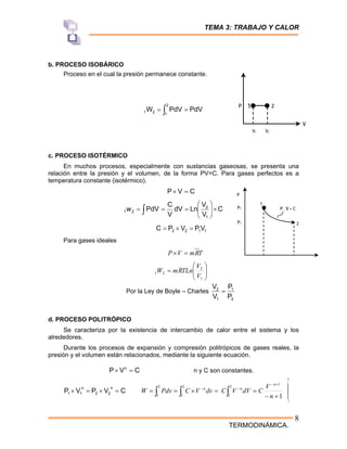 TEMA 3: TRABAJO Y CALOR
TERMODINÁMICA.
8
b. PROCESO ISOBÁRICO
Proceso en el cual la presión permanece constante.
PdV
PdV
W
2
1
2
1 =
= ∫
c. PROCESO ISOTÉRMICO
En muchos procesos, especialmente con sustancias gaseosas, se presenta una
relación entre la presión y el volumen, de la forma PV=C. Para gases perfectos es a
temperatura constante (isotérmico).
C
V
P =
×
C
V
V
Ln
dV
V
C
PdV
w
1
2
2
1 ×
⎟
⎟
⎠
⎞
⎜
⎜
⎝
⎛
=
=
= ∫
1
1
2
2 V
P
V
P
C =
×
=
Para gases ideales
T
R
m
V
P =
×
⎟
⎟
⎠
⎞
⎜
⎜
⎝
⎛
=
1
2
2
1
V
V
TLn
R
m
W
Por la Ley de Boyle – Charles
2
1
1
2
P
P
V
V
=
d. PROCESO POLITRÓPICO
Se caracteriza por la existencia de intercambio de calor entre el sistema y los
alrededores.
Durante los procesos de expansión y compresión politrópicos de gases reales, la
presión y el volumen están relacionados, mediante la siguiente ecuación.
C
V
P n
=
× n y C son constantes.
C
V
P
V
P
n
2
2
n
1
1 =
×
=
×
1
1
2
1
2
1
2
1 +
−
=
=
×
=
=
+
−
−
−
∫
∫ ∫ n
V
C
dV
V
C
dv
V
C
Pdv
W
n
n
n
1
2
P . V = C
P
P1
P1
2
P
V
1
V1 V2
2
1
 