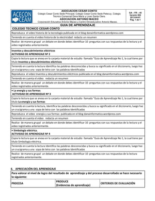ASOCIACION CESAR CONTO
Colegio Cesar Conto Sede Principal, Colegio Cesar Conto Sede Petecuy, Colegio
Técnico Comercial Dana María y Liceo Santa Clara.
ASOCIACION ANTONIO MACEO
Corporación Educativa Antonio Maceo y Centro Etnoeducativo Antonio Maceo.
GA – FR – 45
Versión 002
2013-04-01
Pág. 1 de 1
GUIA DE APRENDIZAJE
COLEGIO TECNICO CESAR CONTO
Reproduzca el video historia de la tecnología publicada en el blog danainformatica.wordpress.com
Teniendo en cuenta el video historia de la electricidad redacta un resumen
Realice de manera grupal un debate en donde debes identificar 10 preguntas con sus respuestas de la lectura y el
video registrados anteriormente.
Inventos y descubrimientos eléctricos
ACTIVIDAD DE APRENDIZAJE Nº 2
Copia la lectura que se anexa en la carpeta material de estudio llamada "Guia de Aprendizaje No 1, la cual tiene por
título Inventos y descubrimientos eléctricos
Teniendo en cuenta la lectura Identifica las palabras desconocidas y busca su significado en el diccionario, luego haz
un crucigrama y una sopa de letra con las palabras identificadas
Reproduzca el video Inventos y descubrimientos eléctricos publicada en el blog danainformatica.wordpress.com
Teniendo en cuenta el video redacta un resumen
Realice de manera grupal un debate en donde debes identificar 10 preguntas con sus respuestas de la lectura y el
video registrados anteriormente.
• La energía y sus formas
ACTIVIDAD DE APRENDIZAJE Nº 3
Copia la lectura que se anexa en la carpeta material de estudio llamada "Guia de Aprendizaje No 1, la cual tiene por
título La energía y sus formas
Teniendo en cuenta la lectura, Identifica las palabras desconocidas y busca su significado en el diccionario, luego haz
un crucigrama y una sopa de letra con las palabras identificadas
Reproduzca el video energía y sus formas publicada en el blog danainformatica.wordpress.com
Teniendo en cuenta el video redacta un resumen
Realice de manera grupal un debate en donde debes identificar 10 preguntas con sus respuestas de la lectura y el
video registrados anteriormente.
• Simbología eléctrica.
ACTIVIDAD DE APRENDIZAJE Nº 4
Copia la lectura que se anexa en la carpeta material de estudio llamada "Guía de Aprendizaje No 1, la cual tiene por
título Simbología eléctrica.
Teniendo en cuenta la lectura Identifica las palabras desconocidas y busca su significado en el diccionario, luego haz
un crucigrama y una sopa de letra con las palabras identificadas
Realice de manera grupal un debate en donde debes identificar 10 preguntas con sus respuestas de la lectura
registrados anteriormente.
6. APRECIACIÓN DEL APRENDIZAJE
Para valorar el nivel de logro del resultado de aprendizaje y del proceso desarrollado se hace necesario
lo siguiente:
PROCESA
PRODUCE
(Evidencias de aprendizaje)
CRITERIOS DE EVALUACIÓN
 