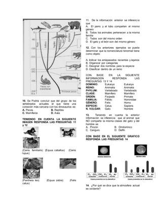 10. Se Podría concluir que del grupo de los
vertebrados actuales el que tiene una
conexión más cercana con los dinosaurios es:
A. Peces B. Reptiles
C. Mamíferos D. Aves
TENIENDO EN CUENTA LA SIGUIENTE
IMAGEN RESPONDA LAS PREGUNTAS 11
y 12
(Canis familiaris) (Equus caballus) (Canis
lupus)
(Panthera leo) (Equus zebra) (Felis
catus)
11. De la información anterior se inferencia
que
A. El perro y el lobo comparten el mismo
género
B. Todos los animales pertenecen a la misma
familia
C. Todos son del mismo orden
D. El gato y el león son del mismo género
12. Con los anteriores ejemplos se puede
determinar que la nomenclatura binomial tiene
como objeto
A. Indicar los antepasados recientes y lejanos
B. Organizar por categorías
C. Designar dos nombres para la especie
D. Clasificar dentro de un reino
CON BASE EN LA SIGUIENTE
INFORMACION RESPONDA LAS
PREGUNTAS 13 Y 14
DOMINIO: Eukarya Eukarya
REINO: Animalia Animalia
PHYLUM: Vertebrado Vertebrado
CLASE: Mamífero Mamifero
ORDEN: Fisípedo Primate
FAMILIA: Félido Hominidae
GÉNERO: Felis Homo
ESPECIE: Catus Sapiens
N. VULGAR: Gato Hombre
13. Teniendo en cuenta la anterior
información se inferencia que el animal que
NO comparte la misma clases del gato y del
hombre es
A. Pinzón B. Ornitorrinco
C. Canguro D. Delfín
CON BASE EN EL SIGUIENTE GRAFICO
RESPONDA LAS PREGUNTAS 14
14. ¿Por qué se dice que la atmosfera actual
es oxidante?
 