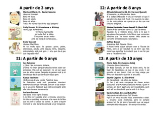 A partir de 3 anys I2: A partir de 8 anys
Meritxell Martí. Il.: Xavier Salomó
Bona nit. Combel.
Bona nit lluna.
Bona nit estels.
Bona nit arbre...
Tots a fer nones! Què hi ha algú despert?
Alfredo Gómez Cerdá. Il.: Carmen Queralt
El monstre i la bibliotecària. Baula.
A la ciutat d’Albacete hi viu un monstre al que li
agraden els dies molt freds i no suporta la calor.
Un dia molt calorós va a parar en un lloc que mai
s’hauria imaginat.
Cally Stronk. Il.: Constance v. Kitzing
Nunú juga. Kalandraka.
En Nunú alça la pota
per xutar fort la pilota.
S’ho passa encara millor
amb els blocs de construcció...
Muntsa Fernández, Joana Raspall. Il.: MercèGalí
Joana de les paraules clares. El Cep i la Nansa.
Aquesta és la història d’una nena a la que li
agradaven les paraules i els llibres que contenien
històries que la fessin somiar. Més tardes va
convertir en bibliotecària i escriptora.
Emily Gravett
Gossos. MacMillan.
Hi ha molts tipus de gossos: grans, petits,
silenciosos, peluts, amb taques, lents, elegants,
entremaliats, amb mal geni... i a tu quin és el gos
que t’agrada més?
Jeffrey Brown
Academia Jedi. Planeta Cómic.
El Roan havia volgut sempre anar a l’Escola de
Pilots, però al ser rebutjat no va tenir cap més
remei que aprofitar la invitació que li van fer per
anar a l’Acadèmia Jedi.
I1: A partir de 6 anys I3: A partir de 10 anys
Ian Falconer
L’Olivia i les princeses. Andana.
L’Olivia no entén perquè totes les nenes volen ser
princeses. Ella vol ser especial i no vol ser igual
que les altres nenes. Després de pensar molt ja té
decidit que és el que serà quan sigui gran.
Mario Satz. Il.: Zuzanna Celej
L’ocarina blava. Babulinka.
En Baba Ganush, un noi de dotze anys, ha de
fugir de Casablanca ja que el seu oncle li vol
prendre el seu tresor. Farà un llarg viatge per
Àfrica on descobrirà quin és el seu distí.
Kazuo Iwamura
Reflexiones de una ranita. Pastel de luna.
La Granoteta està molt pensativa intentant
entendre tot el que l’envolta. Sort en té de trobar-
se el seu amic Ratolinet que voldrà compartir amb
ella tots els seus pensaments.
Jaume Copons. Il.: Teo Peiró
En Caratallada i els altres. La Galera.
En Jan i els seus companys de classe aniran
d’excursió a la Muntanya dels Dos Forats. Quan hi
pensa a en Jan li agafa una por inexplicable, però
serà allí on descobrirà que la unió fa la força.
Luciano Lozano
Bea baila. Tres Tigres Tristes.
A la Bea no li agrada anar a l’escola, s’avorreix.
Un dia un psicòleg recomana a la mare de la Bea
que la porti a classe de dansa. A partir d’aquell
moment la vida de la Bea donarà un gir inesperat.
Carlo Collodi. Il.: Axel Scheffler
Las aventuras del mono Pipí. Siruela.
Pipí és un mico de color rosa, entremaliat i rebel.
Li encanta viure aventures, però no sempre
acaben bé. De tot això n’aprendrà que cal seguir
exemple dels més grans i dir sempre la veritat.
 
