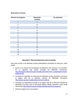 25
Respuestas correctas
Número de pregunta Respuesta
correcta
Su respuesta
1 C
2 B
3 C
4 C
5 D
6 C
7 C
8 B
9 C
10 C
11 B
12 D
13 A
14 B
Apartado 2. Recomendaciones para el estudio
Para tener acceso a las diferentes fuentes bibliográficas propuestas en esta guía, usted
puede:
 Acudir a los Centros de Actualización de Maestros más cercanos a su domicilio.
En la siguiente liga puede consultar las diferentes direcciones:
http://formacioncontinua.sep.gob.mx/index.php?option=com_wrapper&view=wrapp
er&Itemid=82
 Consultar los materiales en línea para los diferentes niveles educativos, que tiene
la página web de la Dirección General de Materiales Educativos
http://basica.sep.gob.mx/dgme/start.php?act=matlinea
 Consultar los materiales que están en la página web de la Dirección General de
Desarrollo Curricular para la Educación Básica (desde educación inicial hasta
secundaria) http://basica.sep.gob.mx/dgdc/sitio/start.php?act=programas
 Revisar la página de la convocatoria
 