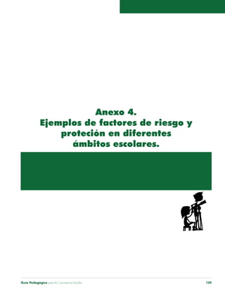 Guía Pedagógica para la Convivencia Escolar 139
Anexo 4.
Ejemplos de factores de riesgo y
proteción en diferentes
ámbitos escolares.
 