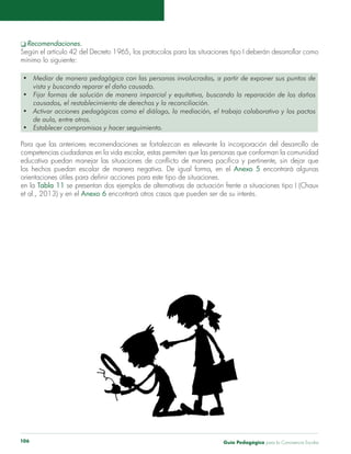 q Recomendaciones. 
Según el artículo 42 del Decreto 1965, los protocolos para las situaciones tipo I deberán desarrollar como 
mínimo lo siguiente: 
• Mediar de manera pedagógica con las personas involucradas, a partir de exponer sus puntos de 
vista y buscando reparar el daño causado. 
• Fijar formas de solución de manera imparcial y equitativa, buscando la reparación de los daños 
causados, el restablecimiento de derechos y la reconciliación. 
• Activar acciones pedagógicas como el diálogo, la mediación, el trabajo colaborativo y los pactos 
de aula, entre otros. 
• Establecer compromisos y hacer seguimiento. 
Para que las anteriores recomendaciones se fortalezcan es relevante la incorporación del desarrollo de 
competencias ciudadanas en la vida escolar, estas permiten que las personas que conforman la comunidad 
educativa puedan manejar las situaciones de conflicto de manera pacífica y pertinente, sin dejar que 
los hechos puedan escalar de manera negativa. De igual forma, en el Anexo 5 encontrará algunas 
orientaciones útiles para definir acciones para este tipo de situaciones. 
en la Tabla 11 se presentan dos ejemplos de alternativas de actuación frente a situaciones tipo I (Chaux 
et al., 2013) y en el Anexo 6 encontrará otros casos que pueden ser de su interés. 
Guía P 106 edagógica para la Convivencia Escolar 
 