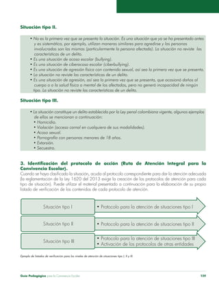Situación tipo II. 
• No es la primera vez que se presenta la situación. Es una situación que ya se ha presentado antes 
y es sistemática, por ejemplo, utilizan maneras similares para agredirse y las personas 
involucradas son las mismas (particularmente la persona afectada). La situación no reviste las 
características de un delito. 
• Es una situación de acoso escolar (bullying). 
• Es una situación de ciberacoso escolar (ciberbullying). 
• Es una situación de agresión física con contenido sexual, así sea la primera vez que se presenta. 
• La situación no reviste las características de un delito. 
• Es una situación de agresión, así sea la primera vez que se presenta, que ocasionó daños al 
cuerpo o a la salud física o mental de los afectados, pero no generó incapacidad de ningún 
tipo. La situación no reviste las características de un delito. 
Situación tipo III. 
• La situación constituye un delito establecido por la Ley penal colombiana vigente, algunos ejemplos 
de ellos se mencionan a continuación: 
• Homicidio. 
• Violación (acceso carnal en cualquiera de sus modalidades). 
• Acoso sexual. 
• Pornografía con personas menores de 18 años. 
• Extorsión. 
• Secuestro. 
3. Identificación del protocolo de acción (Ruta de Atención Integral para la 
Convivencia Escolar). 
Cuando se haya clasificado la situación, acuda al protocolo correspondiente para dar la atención adecuada 
(la reglamentación de la Ley 1620 del 2013 exige la creación de los protocolos de atención para cada 
tipo de situación). Puede utilizar el material presentado a continuación para la elaboración de su propio 
listado de verificación de los contenidos de cada protocolo de atención. 
Situación tipo I 
• Protocolo para la atención de situaciones tipo I 
Situación tipo II • Protocolo para la atención de situaciones tipo II 
• Protocolo para la atención de situaciones tipo III 
• Activación de los protocolos de otras entidades 
Situación tipo III 
Ejemplo de listados de verificación para los niveles de atención de situaciones tipo I, II y III. 
Guía Pedagógica para la Convivencia Escolar 159 
 