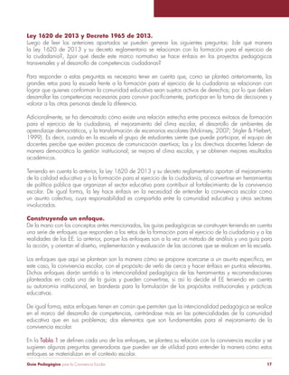 Ley 1620 de 2013 y Decreto 1965 de 2013. 
Luego de leer los anteriores apartados se pueden generar las siguientes preguntas: ¿de qué manera 
la Ley 1620 de 2013 y su decreto reglamentario se relacionan con la formación para el ejercicio de 
la ciudadanía?, ¿por qué desde este marco normativo se hace énfasis en los proyectos pedagógicos 
transversales y el desarrollo de competencias ciudadanas? 
Para responder a estas preguntas es necesario tener en cuenta que, como se planteó anteriormente, los 
grandes retos para la escuela frente a la formación para el ejercicio de la ciudadanía se relacionan con 
lograr que quienes conforman la comunidad educativa sean sujetos activos de derechos; por lo que deben 
desarrollar las competencias necesarias para convivir pacíficamente, participar en la toma de decisiones y 
valorar a las otras personas desde la diferencia. 
Adicionalmente, se ha demostrado cómo existe una relación estrecha entre procesos exitosos de formación 
para el ejercicio de la ciudadanía, el mejoramiento del clima escolar, el desarrollo de ambientes de 
aprendizaje democráticos, y la transformación de escenarios escolares (Mckinsey, 2007; Stigler & Hiebert, 
1999). Es decir, cuando en la escuela el grupo de estudiantes siente que puede participar, el equipo de 
docentes percibe que existen procesos de comunicación asertivos; las y los directivos docentes lideran de 
manera democrática la gestión institucional; se mejora el clima escolar, y se obtienen mejores resultados 
académicos. 
Teniendo en cuenta lo anterior, la Ley 1620 de 2013 y su decreto reglamentario aportan al mejoramiento 
de la calidad educativa y a la formación para el ejercicio de la ciudadanía, al convertirse en herramientas 
de política pública que organizan el sector educativo para contribuir al fortalecimiento de la convivencia 
escolar. De igual forma, la ley hace énfasis en la necesidad de entender la convivencia escolar como 
un asunto colectivo, cuya responsabilidad es compartida entre la comunidad educativa y otros sectores 
involucrados. 
Construyendo un enfoque. 
De la mano con los conceptos antes mencionados, las guías pedagógicas se construyen teniendo en cuenta 
una serie de enfoques que responden a los retos de la formación para el ejercicio de la ciudadanía y a las 
realidades de los EE. Lo anterior, porque los enfoques son a la vez un método de análisis y una guía para 
la acción, y orientan el diseño, implementación y evaluación de las acciones que se realicen en la escuela. 
Los enfoques que aquí se plantean son la manera cómo se propone acercarse a un asunto específico, en 
este caso, la convivencia escolar, con el propósito de verlo de cerca y hacer énfasis en puntos relevantes. 
Dichos enfoques darán sentido a la intencionalidad pedagógica de las herramientas y recomendaciones 
planteadas en cada una de la guías y pueden convertirse, si así lo decide el EE teniendo en cuenta 
su autonomía institucional, en banderas para la formulación de los propósitos institucionales y prácticas 
educativas. 
De igual forma, estos enfoques tienen en común que permiten que la intencionalidad pedagógica se realice 
en el marco del desarrollo de competencias, centrándose más en las potencialidades de la comunidad 
educativa que en sus problemas; dos elementos que son fundamentales para el mejoramiento de la 
convivencia escolar. 
En la Tabla 1 se definen cada uno de los enfoques, se plantea su relación con la convivencia escolar y se 
sugieren algunas preguntas generadoras que pueden ser de utilidad para entender la manera cómo estos 
enfoques se materializan en el contexto escolar. 
Guía Pedagógica para la Convivencia Escolar 17 
 
