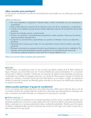 ¿Qué necesitas para participar? 
A continuación encontrarás una serie de recomendaciones que pueden ser muy útiles para que puedas 
participar. 
q Recomendaciones. 
• Ser más propositiva o propositivo. Generar ideas, inventar actividades con tus compañeras y 
compañeros. 
• Exigir el libre ejercicio y garantía de los derechos tuyos y los de tus compañeras y compañeros. 
• Cumplir con tus deberes, porque de esto también depende el ejercicio de los derechos de las otras 
personas. 
• Superar las actitudes pasivas, cuando existan. 
• Avanzar con actitudes y comportamientos propositivos e ideas creativas. Piensa que las demás 
personas también aprenden de ti. 
• Compartir tus conocimientos y aprendizajes con quienes se interesen, incluso con docentes y 
familiares. 
• Expresarte de la manera que tú elijas. Es muy importante conocer cómo te sientes y qué estás 
pensando. 
• Participar activamente en procesos formativos que fortalezcan el ejercicio de la ciudadanía. Por 
ejemplo, hacer parte del gobierno escolar, participar en la actualización del manual de 
convivencia, proponer proyectos, hacer parte de un equipo deportivo, etc. 
¿Qué se te ocurre? ¿Qué necesitas para participar? 
______________________________________________________________________________________ 
______________________________________________________________________________________ 
u Ejemplo. 
“XTREME Radio, una experiencia joven” es una iniciativa que lideran jóvenes de la IE Pedro Estrada de 
Itagüí, Antioquia. La emisora lleva más de 10 años emitiendo las voces de estudiantes. Es un escenario 
de encuentro y reflexión constante. Cuando hay una situación de agresión entre estudiantes, las personas 
involucradas son invitadas al programa para que, con ayuda de otras personas, busquen la manera de 
resolver los conflictos y encontrar formas para que estos hechos no se vuelvan a repetir. La experiencia 
también ha permitido compartir los diferentes gustos musicales con los que se han identificado y participar 
en eventos comunitarios. 
¿Cómo pueden participar el grupo de estudiantes? 
Como una persona que forma parte de la comunidad educativa, debes asumir todos los días un rol, de 
lo contrario, tendrías que aceptar todas las condiciones o decisiones que otras personas te impongan, por 
esto, es necesario que estés informado y te intereses por lo que pasa en tu escuela. 
l ¿Sabía usted que…? 
Asumir un rol significa comportarse de una manera específica, es decir, asumir un papel. Por ejemplo, una 
estudiante puede tener un rol activo o pasivo dentro de su EE. El activo se refiere a una persona que decide 
liderar y participar en un proceso proponiendo ideas y realizando actividades. Mientras que el rol pasivo 
se refiere a simplemente dejar que las condiciones que ocurren en el EE sigan como están, a pesar de no 
estar conforme con lo que ocurre. 
Guía P 170 edagógica para la Convivencia Escolar 
 
