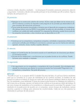 invitamos a leerlo, discutirlo y analizarlo. La ruta propone 4 momentos: promoción, prevención, atención 
y seguimiento. Conócelos y decide cómo puedes participar en las actividades que allí se realizan. Algunos 
ejemplos de participación son: 
En promoción. 
• Participar en la construcción colectiva de normas: ¿Cómo crees que deben ser las normas en tu 
EE? Te invitamos a construir la respuesta a esta pregunta en las jornadas que desarrollará tu EE 
para actualizar del manual de convivencia. 
• Formar parte de proyectos transversales o iniciativas para el desarrollo de competencias ciudadanas: 
¿Te interesan temas como los DDHH, la sexualidad, los estilos de vida saludable, el manejo de los 
conflictos o el cuidado del medio ambiente? Si tu respuesta fue afirmativa, puedes formar parte de 
los proyectos transversales u otras iniciativas que se desarrollan en tu EE. 
En prevención. 
• Construye con tus compañeras y compañeros campañas, actividades o expresiones artísticas que 
promuevan actitudes para fortalecer la convivencia y prevenir que ocurran hechos de violencia, 
agresión, exclusión, acoso, insultos o apodos ofensivos. 
En atención. 
• Apoya al Comité Escolar de Convivencia escolar en la identificación de situaciones que afecten 
la convivencia escolar. 
• Sé parte de las mediaciones y conciliaciones que se pueden brindar en los conflictos. Puedes 
formarte como mediadar o mediador. 
En seguimiento. 
• Haz seguimiento con tus compañeras y compañeros de lo que ha pasado. ¿Las estrategias para 
atender las situaciones que afectan la convivencia escolar han funcionado? Pregúntale a tus 
compañeras y compañeros. Haz parte del proceso. 
u Ejemplo. 
“Parcer@s en paz” es un proyecto del EE Ciudadela Educativa de Pasto, el cual busca formar estudiantes 
para que se conviertan en un grupo de mediadores de los conflictos escolares. La fortaleza de este 
proyecto se centra en el trabajo en equipo por medio del cual se diseñan estrategias desde los espacios de 
las y los estudiantes y para estudiantes. El grupo de jóvenes recibe formación en estrategias de mediación y, 
de la mano de sus docentes, aportan a la resolución de conflictos en la escuela por medio del diálogo. Es 
así como el grupo de mediadores se ha convertido en un referente para la comunidad. Por ejemplo, si una 
estudiante no se puede poner de acuerdo con un compañero, recurre al grupo de mediadores, quienes 
escuchan y generan un diálogo para solucionar las inconformidades. Cada vez son más personas las 
interesadas en participar de este proyecto. 
Guía Pedagógica para la Convivencia Escolar 173 
 