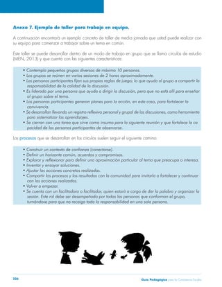 Anexo 7. Ejemplo de taller para trabajo en equipo. 
A continuación encontrará un ejemplo concreto de taller de media jornada que usted puede realizar con 
su equipo para comenzar a trabajar sobre un tema en común. 
Este taller se puede desarrollar dentro de un modo de trabajo en grupo que se llama círculos de estudio 
(MEN, 2013) y que cuenta con las siguientes características: 
• Contempla pequeños grupos diversos de máximo 10 personas. 
• Los grupos se reúnen en varias sesiones de 2 horas aproximadamente. 
• Las personas participantes fijan sus propias reglas de juego; lo que ayuda al grupo a compartir la 
responsabilidad de la calidad de la discusión. 
• Es liderado por una persona que ayuda a dirigir la discusión, pero que no está allí para enseñar 
al grupo sobre el tema. 
• Las personas participantes generan planes para la acción, en este caso, para fortalecer la 
convivencia. 
• Se desarrollan llevando un registro reflexivo personal y grupal de las discusiones, como herramienta 
para sistematizar los aprendizajes. 
• Se cierran con una tarea que sirve como insumo para la siguiente reunión y que fortalece la ca 
pacidad de las personas participantes de observarse. 
Los procesos que se desarrollan en los círculos suelen seguir el siguiente camino: 
• Construir un contexto de confianza (conectarse). 
• Definir un horizonte común, acuerdos y compromisos. 
• Explorar y reflexionar para definir una aproximación particular al tema que preocupa o interesa. 
• Inventar y ensayar soluciones. 
• Ajustar las acciones concretas realizadas. 
• Compartir los procesos y los resultados con la comunidad para invitarla a fortalecer y continuar 
con las acciones realizadas. 
• Volver a empezar. 
• Se cuenta con un facilitadora o facilitador, quien estará a cargo de dar la palabra y organizar la 
sesión. Este rol debe ser desempeñado por todas las personas que conforman el grupo, 
turnándose para que no recaiga toda la responsabilidad en una sola persona. 
Guía P 226 edagógica para la Convivencia Escolar 
 