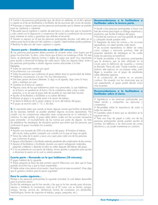 • Cuente a las personas participantes que, de ahora en adelante, el rol del capitana 
o capitán es el de ser facilitadora o facilitador de las reuniones del círculo de estudio. 
• Proponga un espacio para que las personas participantes que lo deseen se postulen 
para ser capitanas o capitanes. 
• Recuerde que el capitana o capitán de este barco no sabe más que su tripulación 
y sólo cuenta con la disposición y compromiso de cuidar la coordinación de acciones 
para mantener el rumbo y garantizar que disfruten el recorrido. 
• Genere un espacio en el que las personas participantes discutan cuál debe ser el 
sistema para hacer la elección del capitana o capitán. Usted también podrá postularse. 
• Realicen la elección del nuevo capitana o capitán. 
Tercera parte – Estableciendo acuerdos (30 minutos). 
1. Las personas participantes deben ponerse de acuerdo sobre cómo lograr que el 
grupo funcione bien. Es decir, cómo hacer que el barco se mantenga a flote. Por esta 
razón, se plantearán algunas normas o reglas de juego que serán muy importantes 
para ayudar a dinamizar el trabajo de cada sesión. Estas son algunas ideas. Invite a 
las personas participantes a añadir algunas normas adicionales a la lista. 
Ejemplos: 
• Todas las opiniones cuentan por igual. 
• Escuchémonos con curiosidad. 
• Todas las personas que conforman el grupo deben tener la oportunidad de hablar. 
• Hablemos una persona a la vez. No nos interrumpamos. 
• Está bien pensar de forma diferente. Si algo no le agrada, diga cómo lo hace 
sentir y explique por qué. 
• Céntrese en el tema en cuestión. 
• Algunas cosas de las que hablaremos serán muy personales. Lo que hablemos 
en el barco, se quedará en el barco. No le contaremos estas cosas a otras 
personas, a no ser que el grupo esté de acuerdo en que está bien hacerlo. 
• Ayudar al facilitadora o facilitador a no salirse del tema. 
• Informar al grupo si no puede asistir a la sesión de trabajo. 
• Se leerá la relatoría de la sesión anterior al inicio del trabajo del grupo. 
• El grupo se reunirá cada 7, 15, o 30 días. 
2. Es importante saber que cuando se tienen algunas normas que facilitan el desarrollo 
de las sesiones, también se pueden plantear algunas acciones reparadoras. No 
cumplir con los compromisos adquiridos tiene consecuencias en lo individual y lo 
colectivo. En este sentido, el grupo debe definir cuáles son las acciones necesarias 
para enmendar el incumplimiento de las normas por parte de alguien. Se trata 
de establecer las estrategias de disciplina positiva que evitan que las personas que 
conforman el grupo incumplan los acuerdos. 
Ejemplos: 
• Aportar una moneda de 200 a la alcancía del grupo. Al finalizar el trabajo 
del círculo, todos podrán compartir una comida con lo que se haya recogido. 
• Tomar las notas de la sesión y sacar una copia para cada una de las personas 
que conforman el grupo. 
• Apoyar al facilitadora o facilitador estando pendiente del cumplimiento de las normas. 
• Apoyar al facilitadora o facilitador durante una sesión entregando materiales, 
pegando carteleras o dejando el salón en orden después del trabajo del grupo. 
• Si no se presenta en una sesión de trabajo, enviar aportes o preguntas para ayudar 
a dinamizar la sesión en la cual no estará presente. 
Cuarta parte – Pensando en lo que hablamos (10 minutos). 
El grupo hablará de lo siguiente: 
• ¿Qué pregunta se lleva de esta primera sesión? Mencione una idea que le haya 
gustado escuchar hoy y que lo haya sorprendido. 
• Hable sobre cómo estuvo el encuentro: ¿qué funcionó en este encuentro?, ¿hay algo 
que le gustaría cambiar para la sesión siguiente? 
Para la sesión siguiente… 
Plantee a las personas participantes la siguiente actividad, la cual deben desarrollar 
para la próxima sesión: 
Escribir las estrategias que le han servido y las que no le han servido para alcanzar, 
mejorar y fortalecer la convivencia, tanto en el EE como con su familia, amigas, 
amigos, vecinas, vecinos etc. (dinámicas, formas de conectarse con estudiantes, 
metodologías, formar de organizar el trabajo, juegos, preguntas, etc.). 
Recomendaciones a la facilitadora o 
facilitador sobre la tercera parte. 
• Ayude a las personas participantes a hacer una 
lista de normas para lograr un diálogo respetuoso y 
productivo que facilite el trabajo del grupo. 
• Escriba las normas en una hoja grande de papel 
y colóquela donde puedan verla. 
• Asegúrese de tener las normas y las acciones 
reparadoras con usted durante cada sesión. 
• Las acciones reparadoras no deben ser vistas 
como castigos o sanciones punitivas, trate de 
proponer ejemplos de estrategias en las cuales 
todas las personas se beneficien. 
• Puede recordarles a las personas participantes 
que la dinámica que se está utilizando en el 
círculo para la definición de acuerdos y normas 
es llamada “Pacto de aula”. Puede invitarlas a que 
realicen este ejercicio en sus propias aulas, para 
llegar a acuerdos con el grupo de estudiantes 
sobre diferentes aspectos. 
• La construcción de normas es un proceso 
continuo. De acuerdo con las situaciones que se 
van presentando, el grupo podrá decidir incluir 
más acuerdos. 
Recomendaciones a la facilitadora o 
facilitador sobre el cierre. 
• Agradezca a las personas participantes por 
haber venido y compartido sus opiniones y 
comentarios. 
• Recuérdeles sobre la importancia de asistir a 
todas las sesiones. 
• Cuénteles sobre el tema que se abordará en la 
siguiente sesión. 
• Pase una hoja de papel a cada una de las 
personas participantes donde puedan escribir el 
nombre, los teléfonos y las direcciones de correo 
electrónico y así poder mantenerse en contacto. 
Guía P 228 edagógica para la Convivencia Escolar 
 