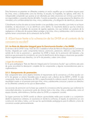 Estos fenómenos se presentan en diferentes contextos sin excluir aquellos que se consideran seguros para 
las niñas, niños y adolescentes como las familias, la escuela, los hospitales, las iglesias, entre otros. Es 
indispensable comprender que quienes se ven afectados por estas situaciones son víctimas y por tanto no 
son responsables o causantes directas del delito. Cuando se presentan, se exige preservar los derechos a la 
intimidad y a la confidencialidad de niñas, niños y adolescentes, y la obligación de identificar y denunciar. 
Culturalmente muchas de estas acciones tienden a ser percibidas como naturales y por tanto no se hacen 
evidentes, se desconocen o no se identifican como delitos. Es importante destacar que las violencias 
no solamente son el resultado de acciones de agentes agresores, sino que también son producto de la 
negligencia o el descuido de quienes deben proteger a las niñas, niños y adolescentes o de la omisión de 
quienes tienen conocimiento de la vulneración de los DHSR. 
3. ¿Qué hacer frente a la vulneración de los DHSR en el contexto de la 
convivencia escolar? 
3.1. La Ruta de Atención Integral para la Convivencia Escolar y los DHSR. 
En el marco de los DHSR la Ley 1620 de 2013 establece la Ruta de Atención Integral para la Convivencia 
Escolar, integrada por cuatro componentes básicos: promoción, prevención, atención y seguimiento. El 
sentido de la ruta es posicionar y garantizar los DHSR a través de la promoción del bienestar y las 
prácticas que promuevan la convivencia, así como la identificación de los riesgos y situaciones que pueden 
afectar negativamente esos derechos, con el fin de preverlas y saber cómo actuar. 
m Lugar de articulación. 
En la guía pedagógica “Ruta de Atención Integral para la Convivencia Escolar” que conforma esta serie 
de guías encontrará la descripción completa de los componentes y algunas recomendaciones para su 
implementación. 
3.1.1. Componente de promoción. 
Este componente tiene como objetivo fomentar el mejoramiento de la convivencia y el clima escolar con 
el fin de generar un entorno favorable para el ejercicio real y efectivo de los DDHH y DHSR. En este 
componente, frente a los fenómenos de VBG y específicamente la violencia sexual, la educación para la 
sexualidad cumple un rol promotor para que niñas, niños y adolescentes conozcan y ejerzan sus derechos 
en los diferentes contextos en los que se desenvuelven. 
Las acciones de promoción son la base que sustenta la convivencia entre las personas que conforman la 
comunidad educativa. La promoción parte de informar tanto a las niñas, niños y adolescentes, como al 
equipo docente, administrativos y familias sobre los DHSR y su expresión concreta. 
Se logran promover los DHSR cuando se ofrecen oportunidades reales para acceder a su comprensión 
desde la experiencia cotidiana, en escenarios en donde la confianza, el respeto, la autonomía son una 
construcción de todas y todos, y en los que las oportunidades pedagógicas para la reflexión y toma de 
conciencia suceden permanentemente. 
Guía P 276 edagógica para la Convivencia Escolar 
 