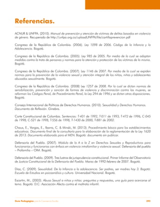 Referencias. 
ACNUR & UNFPA. (2010). Manual de prevención y atención de víctimas de delitos basados en violencia 
de género. Recuperado de http://unfpa.org.co/uploadUNFPA/file/cartillaprevencion.pdf 
Congreso de la República de Colombia. (2006). Ley 1098 de 2006. Código de la Infancia y la 
Adolescencia. Bogotá. 
Congreso de la República de Colombia. (2005). Ley 985 de 2005. Por medio de la cual se adoptan 
medidas contra la trata de personas y normas para la atención y protección de las víctimas de la misma. 
Bogotá. 
Congreso de la República de Colombia. (2007). Ley 1146 de 2007. Por medio de la cual se expiden 
normas para la prevención de la violencia sexual y atención integral de los niños, niñas y adolescentes 
abusados sexualmente. Bogotá. 
Congreso de la República de Colombia. (2008) Ley 1257 de 2008. Por la cual se dictan normas de 
sensibilización, prevención y sanción de formas de violencia y discriminación contra las mujeres, se 
reforman los Códigos Penal, de Procedimiento Penal, la Ley 294 de 1996 y se dictan otras disposiciones. 
Bogotá. 
Consejo Internacional de Políticas de Derechos Humanos. (2010). Sexualidad y Derechos Humanos. 
Documento de Reflexión. Ginebra. 
Corte Constitucional de Colombia. Sentencias: T-401 de 1992, T-011 de 1993, T-472 de 1996, C-045 
de 1998, C-521 de 1998, T-556 de 1998, T-1430 de 2000, T-881 de 2002. 
Chaux, E., Vargas, E., Ibarra, C. & Minski, M. (2013). Procedimiento básico para los establecimientos 
educativos. Documento final de la consultoría para la elaboración de la reglamentación de la Ley 1620 
de 2013. Documento elaborado para el MEN. Bogotá: documento sin publicar. 
Defensoría del Pueblo. (2007). Módulo de la A a la Z en Derechos Sexuales y Reproductivos para 
funcionarios y funcionarias con énfasis en violencia intrafamiliar y violencia sexual. Defensoría del pueblo 
– Profamilia – OIM. Bogotá. 
Defensoría del Pueblo. (2009). Tres lustros de jurisprudencia constitucional. Primer Informe del Observatorio 
de Justicia Constitucional de la Defensoría del Pueblo. Marzo de 1992-febrero de 2007. Bogotá. 
Díaz, C. (2009). Sexualidad. De la Infancia a la adolescencia. Ser padres, ser madres hoy 3. Bogotá: 
Escuela de Estudios en psicoanálisis y cultura. Universidad Nacional. Bogotá. 
Escartin, M., (2003). Abuso Sexual a niños y niñas: preguntas y respuestas, una guía para acercarse al 
tema. Bogotá: D.C: Asociación Afecto contra el maltrato infantil. 
Guía Pedagógica para la Convivencia Escolar 295 
 