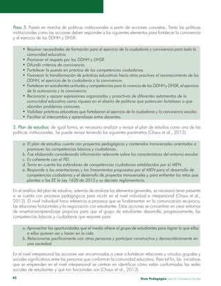 Paso 5. Puesta en marcha de políticas institucionales a partir de acciones concretas. Tanto las políticas 
institucionales como las acciones deben responder a los siguientes elementos para fortalecer la convivencia 
y el ejercicio de los DDHH y DHSR: 
• Resolver necesidades de formación para el ejercicio de la ciudadanía y convivencia para toda la 
comunidad educativa. 
• Promover el respeto por los DDHH y DHSR. 
• Difundir criterios de convivencia. 
• Fortalecer la puesta en práctica de las competencias ciudadanas. 
• Favorecer la transformación de prácticas educativas hacia otras proclives al reconocimiento de los 
DDHH, el ejercicio de la ciudadanía y la convivencia. 
• Fortalecer en estudiantes actitudes y competencias para la vivencia de los DDHH y DHSR, el ejercicio 
de la autonomía y la convivencia. 
• Reconocer y apoyar expresiones organizadas y proactivas de diferentes estamentos de la 
comunidad educativa como riqueza en el diseño de políticas que potencian fortalezas o que 
abordan problemas comunes. 
• Visibilizar prácticas educativas que fortalezcan el ejercicio de la ciudadanía y la convivencia escolar. 
• Facilitar el intercambio y aprendizaje entre docentes. 
2. Plan de estudios: de igual forma, es necesario analizar y revisar el plan de estudios como una de las 
políticas institucionales. Se puede revisar teniendo los siguientes parámetros (Chaux et al., 2013): 
a. El plan de estudios cuenta con proyectos pedagógicos y contenidos transversales orientados a 
promover las competencias básicas y ciudadanas. 
b. Fue elaborado considerando información relevante sobre las características del entorno escolar. 
c. Es coherente con el PEI. 
d. Toma en cuenta los estándares de competencias ciudadanas establecidos por el MEN. 
e. Responde a las orientaciones y los lineamientos propuestos por el MEN para el desarrollo de 
competencias ciudadanas y el desarrollo de proyectos transversales y para enfrentar los retos que 
plantea a los EE la Ley 1620 de 2013 y su decreto reglamentario. 
En el análisis del plan de estudios, además de analizar los elementos generales, es necesario tener presente 
si se cuenta con procesos pedagógicos para incidir en el nivel individual e interpersonal (Chaux et al., 
2013). El nivel individual hace referencia a procesos que se fundamentan en la comunicación recíproca, 
las relaciones horizontales y la negociación con estudiantes. Estas acciones se concentran en crear entornos 
de enseñanza-aprendizaje propicios para que el grupo de estudiantes desarrolle, progresivamente, las 
competencias básicas y ciudadanas que requiere para: 
a. Aprovechar las oportunidades que el medio ofrece al grupo de estudiantes para lograr lo que ellas 
o ellos quieren ser y hacer en la vida. 
b. Relacionarse pacíficamente con otras personas y participar constructiva y democráticamente en 
una sociedad. 
En el nivel interpersonal las acciones van encaminadas a crear o fortalecer relaciones y vínculos grupales y 
sociales significativos entre las personas que conforman la comunidad educativa. Para tal fin, las iniciativas 
que se emprenden en el nivel interpersonal se centran en identificar cómo están conformadas las redes 
sociales de estudiantes y qué tan funcionales son (Chaux et al., 2013). 
Guía P 82 edagógica para la Convivencia Escolar 
 