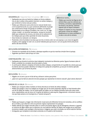 Planes de clases / Guía Didáctica / Módulo: Expresar, crear y apreciar / Artes Visuales / 4° Básico / 1er semestre 11
CLASE
1
DESARROLLO / Segunda fase / en pareja / 20 minutos
•	 Explíqueles que esta vez harán los trabajos en forma colabora-
tiva, es decir, ambos niños podrán intervenir en ambos trabajos y
que recibirán la misma nota por ambos.
•	 Pídales que reflexionen acerca del entorno natural donde trans-
curre la experiencia de c/u y que comiencen definiendo el paisaje
que conformará el fondo incluyendo la cordillera. Los espacios
representados en los dibujos (cordillera, mar, norte, sur, río, lago,
campo, ciudad) –no necesitan asemejarse– aunque es recomen-
dable que compartan los errores y los éxitos de la realización de
los trabajos para que ambos aprendan de estas situaciones.
•	 Estos fondos los realizarán con témpera.
•	 Muéstreles cómo humedecer las áreas que son de un mismo color con una esponja o una mota de algodón
mojada y cómo agregar el color con un pincel redondo para que escurra -con una ayuda mínima del pincel-
dentro del área húmeda.
REFLEXIÓN INTERMEDIA / 5 minutos
•	 Comente los resultados de los fondos y destaque aquellos en que las manchas simulan bien el paisaje.
•	 Sugiérales que llenen toda la hoja con color.
CONTINUACIÓN / 10 minutos
•	 Explíqueles que durante la próxima clase trabajarán montando las diferentes partes: figuras humanas sobre el
fondo y acláreles los conceptos de primer plano y fondo.
•	 A continuación deberán completar el fondo de ambos trabajos, compartiendo en lo posible los colores para que
los demás alumnos puedan identificar el trabajo de la pareja de compañeros, ya sea por el sistema aplicado
anteriormente o por la forma de pintar.
REFLEXIÓN / 5 minutos
•	 Hágales ver al cierre, que en el día de hoy utilizaron colores para pintar.
•	 ¿Qué es lo que les llama la atención de estos paisajes que representan el entorno natural? ¿Qué colores observan?
ORDEN DE LA SALA / 5 minutos
•	 Pídales que coloquen ambos nombres en forma discreta en el frente de ambos trabajos.
•	 Pídales que pongan a secar sus trabajos en el lugar que Ud. les tiene preparado, dejando su hoja húmeda sobre
una de las tablas de madera. Así Ud. podrá apilar las tablas con los trabajos húmedos hasta que todos estén
secos, separándolas unas de otras con 4 tapitas de bebida en cada esquina. (Seguramente encontrará volunta-
rios que lo(a) asistan en el montaje de un “estante temporal”).
TAREA
•	 Pídales que busquen y traigan más información visual acerca de diferentes formas de montañas y de la cordillera
de Los Andes y que observen cómo los pintores viajeros representaron los paisajes.
•	 Pídales además que traigan marcado sobre un cartón (reciclando alguna caja de detergente, alimento o juguete)
el contorno de algún objeto que se relaciona con una tradición familiar (el objeto más antiguo de la casa) para
el próximo trabajo y que averigüen informaciones e imágenes que estén vinculadas con dicha tradición familiar.
•	 Encárgueles que completen la actividad contenida en el Cuaderno del Estudiante.
Mientras tanto...
•	 Pídales que recorten las figuras de la
primera fase y que los coloreen por
el frente y el reverso, especialmente
los brazos y las piernas, mientras
esperan que se seque la témpera.
-	 Prepare un espacio no muy expuesto
para poner a secar los trabajos,
idealmente en un área ventilada de
la sala o cerca de la ventana.
 