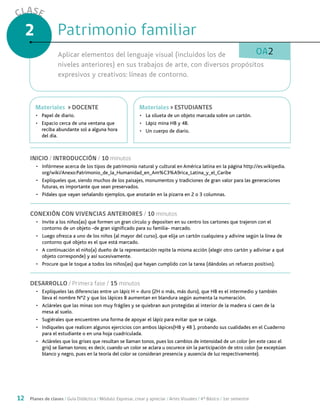 12 Planes de clases / Guía Didáctica / Módulo: Expresar, crear y apreciar / Artes Visuales / 4° Básico / 1er semestre
CLASE
2
OA2
INICIO / INTRODUCCIÓN / 10 minutos
•	 Infórmese acerca de los tipos de patrimonio natural y cultural en América latina en la página http://es.wikipedia.
org/wiki/Anexo:Patrimonio_de_la_Humanidad_en_Am%C3%A9rica_Latina_y_el_Caribe
•	 Explíqueles que, siendo muchos de los paisajes, monumentos y tradiciones de gran valor para las generaciones
futuras, es importante que sean preservados.
•	 Pídales que vayan señalando ejemplos, que anotarán en la pizarra en 2 o 3 columnas.
CONEXIÓN CON VIVENCIAS ANTERIORES / 10 minutos
•	 Invite a los niños(as) que formen un gran círculo y depositen en su centro los cartones que trajeron con el
contorno de un objeto -de gran significado para su familia- marcado.
•	 Luego ofrezca a uno de los niños (al mayor del curso), que elija un cartón cualquiera y adivine según la línea de
contorno qué objeto es el que está marcado.
•	 A continuación el niño(a) dueño de la representación repite la misma acción (elegir otro cartón y adivinar a qué
objeto corresponde) y así sucesivamente.
•	 Procure que le toque a todos los niños(as) que hayan cumplido con la tarea (dándoles un refuerzo positivo).
DESARROLLO / Primera fase / 15 minutos
•	 Explíqueles las diferencias entre un lápiz H = duro (2H o más, más duro), que HB es el intermedio y también
lleva el nombre N°2 y que los lápices B aumentan en blandura según aumenta la numeración.
•	 Acláreles que las minas son muy frágiles y se quiebran aun protegidas al interior de la madera si caen de la
mesa al suelo.
•	 Sugiérales que encuentren una forma de apoyar el lápiz para evitar que se caiga.
•	 Indíqueles que realicen algunos ejercicios con ambos lápices(HB y 4B ), probando sus cualidades en el Cuaderno
para el estudiante o en una hoja cuadriculada.
•	 Acláreles que los grises que resultan se llaman tonos, pues los cambios de intensidad de un color (en este caso el
gris) se llaman tonos; es decir, cuando un color se aclara u oscurece sin la participación de otro color (se exceptúan
blanco y negro, pues en la teoría del color se consideran presencia y ausencia de luz respectivamente).
Patrimonio familiarPatrimonio familiar
Aplicar elementos del lenguaje visual (incluidos los de
niveles anteriores) en sus trabajos de arte, con diversos propósitos
expresivos y creativos: líneas de contorno.
MaterialesMateriales > ESTUDIANTES
•	 La silueta de un objeto marcada sobre un cartón.
•	 Lápiz mina HB y 4B.
•	 Un cuerpo de diario.
MaterialesMateriales > DOCENTE
•	 Papel de diario.
•	 Espacio cerca de una ventana que
reciba abundante sol a alguna hora
del día.
 