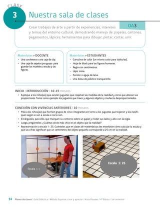 14 Planes de clases / Guía Didáctica / Módulo: Expresar, crear y apreciar / Artes Visuales / 4° Básico / 1er semestre
CLASE
3
OA3
INICIO / INTRODUCCIÓN / 10-15 minutos
•	 Explique a los niños(as) que existen juguetes que respetan las medidas de la realidad y otros que alteran sus
proporciones. Tome como ejemplo los juguetes que traen y algunos objetos y muñecos desproporcionados.
CONEXIÓN CON VIVENCIAS ANTERIORES / 10 minutos
•	 Pida a los niños(as) que formen grupos de cinco integrantes en torno a los juguetes que trajeron y los clasifi-
quen según si son a escala o no lo son.
•	 Encárgueles, para ello, que marquen su contorno sobre un papel y midan sus lados y alto con la regla.
•	 Luego, pregúnteles: ¿Cuántas veces más chico es el objeto que la realidad?
•	 Representación a escala 1 : 25. Cuénteles que en clases de matemáticas les enseñarán cómo calcular la escala y
que las cifras significan que un centímetro del objeto pequeño corresponde a 25 cm en la realidad.
Nuestra sala de clasesNuestra sala de clases
Crear trabajos de arte a partir de experiencias, intereses
y temas del entorno cultural, demostrando manejo de: papeles, cartones,
pegamentos, lápices; herramientas para dibujar, pintar, cortar, unir.
MaterialesMateriales > ESTUDIANTES
•	 Cartulina de color (un mismo color para todos/as).
-	 Hoja de block para las figuras humanas.
-	 Regla con centímetros.
-	 Lápiz mina.
-	 Punzón o aguja de lana.
-	 Una bolsa de plástico transparente.
MaterialesMateriales > DOCENTE
•	 Una corchetera o una caja de clip.
•	 Una caja de zapatos por grupo para
guardar los muebles a escala y las
figuras.
 