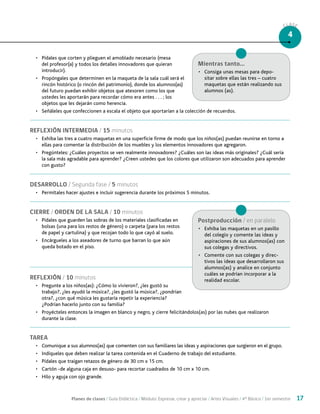 Planes de clases / Guía Didáctica / Módulo: Expresar, crear y apreciar / Artes Visuales / 4° Básico / 1er semestre 17
CLASE
4
•	 Pídales que corten y plieguen el amoblado necesario (mesa
del profesor(a) y todos los detalles innovadores que quieran
introducir).
•	 Propóngales que determinen en la maqueta de la sala cuál será el
rincón histórico (o rincón del patrimonio), donde los alumnos(as)
del futuro puedan exhibir objetos que atesoren como los que
ustedes les aportarán para recordar cómo era antes . . . ; los
objetos que les dejarán como herencia.
•	 Señáleles que confeccionen a escala el objeto que aportarían a la colección de recuerdos.
REFLEXIÓN INTERMEDIA / 15 minutos
•	 Exhiba las tres a cuatro maquetas en una superficie firme de modo que los niños(as) puedan reunirse en torno a
ellas para comentar la distribución de los muebles y los elementos innovadores que agregaron.
•	 Pregúnteles: ¿Cuáles proyectos se ven realmente innovadores? ¿Cuáles son las ideas más originales? ¿Cuál sería
la sala más agradable para aprender? ¿Creen ustedes que los colores que utilizaron son adecuados para aprender
con gusto?
DESARROLLO / Segunda fase / 5 minutos
•	 Permítales hacer ajustes e incluir sugerencia durante los próximos 5 minutos.
CIERRE / ORDEN DE LA SALA / 10 minutos
•	 Pídales que guarden las sobras de los materiales clasificadas en
bolsas (una para los restos de género) o carpeta (para los restos
de papel y cartulina) y que recojan todo lo que cayó al suelo.
•	 Encárgueles a los aseadores de turno que barran lo que aún
queda botado en el piso.
REFLEXIÓN / 10 minutos
•	 Pregunte a los niños(as): ¿Cómo lo vivieron?, ¿les gustó su
trabajo?, ¿les ayudó la música?, ¿les gustó la música?, ¿pondrían
otra?, ¿con qué música les gustaría repetir la experiencia?
¿Podrían hacerlo junto con su familia?
•	 Proyécteles entonces la imagen en blanco y negro, y cierre felicitándolos(as) por las nubes que realizaron
durante la clase.
TAREA
•	 Comunique a sus alumnos(as) que comenten con sus familiares las ideas y aspiraciones que surgieron en el grupo.
•	 Indíqueles que deben realizar la tarea contenida en el Cuaderno de trabajo del estudiante.
•	 Pídales que traigan retazos de género de 30 cm x 15 cm.
•	 Cartón -de alguna caja en desuso- para recortar cuadrados de 10 cm x 10 cm.
•	 Hilo y aguja con ojo grande.
Mientras tanto...
•	 Consiga unas mesas para depo-
sitar sobre ellas las tres – cuatro
maquetas que están realizando sus
alumnos (as).
Postproducción / en paralelo
•	 Exhiba las maquetas en un pasillo
del colegio y comente las ideas y
aspiraciones de sus alumnos(as) con
sus colegas y directivos.
•	 Comente con sus colegas y direc-
tivos las ideas que desarrollaron sus
alumnos(as) y analice en conjunto
cuáles se podrían incorporar a la
realidad escolar.
 