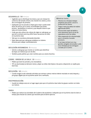 Planes de clases / Guía Didáctica / Módulo: Expresar, crear y apreciar / Artes Visuales / 4° Básico / 1er semestre 21
CLASE
6
DESARROLLO / 50 minutos
•	 Sugiérales que se distribuyan las tareas y que uno marque los
contornos del tamaño mínimo, dos mezclen los colores y otros
dos se encarguen de pintarlos.
•	 Explíqueles que los pinceles se dejan guiar mejor cuando están
llenos de pintura, por lo tanto, recomiéndeles que pinten
primero, ajustándose al contorno y que después vacíen lo que
sobra en la zona interna.
•	 Cuide que solo utilicen dos colores de origen en cada grupo, ya
que de lo contrario será muy difícil hacer secuencias con ellos
en la próxima clase.
•	 Vele que no se produzca demasiado desorden.
•	 Deles ideas para que cada grupo establezca un sistema
eficiente para trabajar coordinadamente.
REFLEXIÓN INTERMEDIA / 5 minutos
•	 Solicite a cada grupo que invente un nombre para identificar
las hojas con matices que son de ellos.
•	 También puede pedirles que creen nombres para sus colores favoritos.
CIERRE / ORDEN DE LA SALA / 10 minutos
•	 Pídales que laven los pinceles y los mezcladores.
•	 TIP: Los alumnos(as) se demoran menos y dejan sus útiles más limpios si les pone a disposición un cepillo para
lavar loza.
REFLEXIÓN / 10 minutos
•	 Cuando tengan la sala ordenada solicíteles que estimen cuántos matices habrán mezclado en total; después y
por grupo, dígales que en la próxima sesión van a verificarlo.
POSTPRODUCCIÓN
•	 Guarde los trabajos secos en un lugar seguro para que en la próxima clase todos los grupos cuenten con todos
sus matices.
TAREA
•	 Pídales que realicen las actividades del Cuaderno del estudiante e indíqueles que en la próxima clase les dará un
tiempo para mezclar los colores que necesiten para el último ejercicio.
Mientras tanto...
•	 Mientras los niños(as) trabajan
prepárese para poner a secar la
producción de colores:
•	 Tenga a mano las tablas de madera
aglomerada (MDF).
•	 Procure tener tapas de bebida u
otros elementos que le sirvan de
separadores entre las tablas.
•	 Pida cooperación de voluntarios(as)
para ir armando el secador
provisorio.
•	 Si las hojas de block son muy
grandes, póngalas atravesadas o pida
a los niños(as) que las entreguen
cortadas por el centro.
 