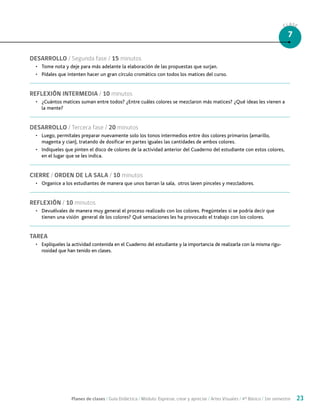 Planes de clases / Guía Didáctica / Módulo: Expresar, crear y apreciar / Artes Visuales / 4° Básico / 1er semestre 23
CLASE
7
DESARROLLO / Segunda fase / 15 minutos
•	 Tome nota y deje para más adelante la elaboración de las propuestas que surjan.
•	 Pídales que intenten hacer un gran círculo cromático con todos los matices del curso.
REFLEXIÓN INTERMEDIA / 10 minutos
•	 ¿Cuántos matices suman entre todos? ¿Entre cuáles colores se mezclaron más matices? ¿Qué ideas les vienen a
la mente?
DESARROLLO / Tercera fase / 20 minutos
•	 Luego, permítales preparar nuevamente solo los tonos intermedios entre dos colores primarios (amarillo,
magenta y cian), tratando de dosificar en partes iguales las cantidades de ambos colores.
•	 Indíqueles que pinten el disco de colores de la actividad anterior del Cuaderno del estudiante con estos colores,
en el lugar que se les indica.
CIERRE / ORDEN DE LA SALA / 10 minutos
•	 Organice a los estudiantes de manera que unos barran la sala, otros laven pinceles y mezcladores.
REFLEXIÓN / 10 minutos
•	 Devuélvales de manera muy general el proceso realizado con los colores. Pregúnteles si se podría decir que
tienen una visión general de los colores? Qué sensaciones les ha provocado el trabajo con los colores.
TAREA
•	 Explíqueles la actividad contenida en el Cuaderno del estudiante y la importancia de realizarla con la misma rigu-
rosidad que han tenido en clases.
 