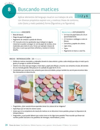 24 Planes de clases / Guía Didáctica / Módulo: Expresar, crear y apreciar / Artes Visuales / 4° Básico / 1er semestre
CLASE
8
INICIO / INTRODUCCIÓN / 20 minutos
•	 Exhiba los matices mezclados y ordenados durante la clase anterior y pida a cada niño(a) que elija un matiz que le
guste y le ponga un nombre de fantasía.
•	 Solicite a los niños (as) que tengan a mano lápiz y papel para dibujar y recortar una ventanita circular, del tamaño
de una moneda grande (100 pesos) en el cuadrado de papel de 8 x 8 cm.
•	 Coménteles que conserven esta ventanita para otras actividades, porque también les servirá para encontrar deta-
lles interesantes en obras de arte.
•	 Pregúnteles: ¿Qué características especiales tienen los colores de las imágenes?
•	 Especifique que se trata de colores suaves.
•	 Aclare que en la competencia de mezcla de matices no se obtuvieron tonos pasteles, porque no dispusieron de
témpera blanca.
•	 Pregúnteles ¿a qué puede deberse que a estos tonos se les diga tonos pasteles? Para recordar que llevan ese
nombre pueden asociarlo a los pastelitos de merengue, marshmallows y otros.
Buscando maticesBuscando matices
MaterialesMateriales > DOCENTE
•	 Bolsa de basura.
•	 Pliego de papel kraft gigante.
•	 Pegamento de contacto o pistola de silicona.
•	 TIP: Consulte entre los apoderados (que trabajan en alguna
industria) si pueden conseguir en vez de papel de revistas, otros
materiales para todo el curso. Sirven, por ejemplo: retazos de
tela, lana o cuero que permitan enfrentar y resolver el mismo
desafío.
MaterialesMateriales > ESTUDIANTES
•	 Un trozo de papel blanco 8 x 8 cm
aproximadamente.
•	 2-3 revistas o catálogos a color en
desuso.
•	 Cartulinas y papeles de colores.
•	 Lápiz mina.
•	 Tijera.
•	 Pegamento en barra o cola-fría.
OA2 y 6Aplicar elementos del lenguaje visual en sus trabajos de arte,
con diversos propósitos expresi-vos y creativos: líneas de contorno;
color (tono y matiz pasteles); forma (figurativa y no figurativa).
 