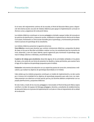 Orientaciones / Guía Didáctica / Módulo: Expresar, crear y apreciar / Artes Visuales / 4° Básico / 1er semestre 1
En el marco del mejoramiento continuo de las escuelas, el Nivel de Educación Básica pone a disposi-
ción del sistema escolar una serie de módulos didácticos para apoyar la implementación curricular en
diversos cursos y asignaturas de la educación básica.
Los módulos didácticos constituyen un recurso pedagógico orientado a apoyar la labor de la escuela en
las prácticas de planificación y evaluación escolar, modelando la implementación efectiva de las Bases
Curriculares, fomentando un clima escolar favorable para el aprendizaje y monitoreando permanente-
mente el proceso de aprendizaje de los estudiantes.
Los módulos didácticos presentan la siguiente estructura:
Guía didáctica: recurso para docentes que contiene orientaciones didácticas y propuestas de planes
de clases, en las que se describen actividades a realizar con las y los estudiantes para los momentos de
inicio, desarrollo y cierre de clases. Además, aporta sugerencias para monitorear el aprendizaje, orga-
nizar el trabajo colectivo e individual y recomienda tareas.
Cuaderno de trabajo para estudiantes: desarrolla algunas de las actividades señaladas en los planes
de clases y da cuenta de una forma de presentar los desafíos y tareas pertinentes, para avanzar hacia
el logro de los objetivos de aprendizaje propuestos para el módulo.
Evaluación: instrumentos de evaluación con sus respectivas pautas de corrección, orientaciones e indi-
cadores, que evalúan los objetivos de aprendizaje desarrollados en el módulo.
Cabe señalar que los módulos propuestos constituyen un modelo de implementación y no dan cuenta
por sí mismos de la totalidad de los objetivos de aprendizaje propuestos para cada curso. Los mate-
riales presentan una cobertura curricular parcial, que las y los docentes deberán complementar con sus
propias planificaciones y propuestas didácticas.
De este modo, a través de los recursos pedagógicos mencionados el Nivel de Educación Básica espera
contribuir a la labor de equipos de liderazgo pedagógico, docentes y estudiantes de establecimientos
de educación básica en el proceso de implementación curricular en vistas al mejoramiento de la calidad
de la educación.
PresentaciónPresentación
 