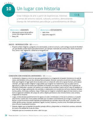 28 Planes de clases / Guía Didáctica / Módulo: Expresar, crear y apreciar / Artes Visuales / 4° Básico / 1er semestre
CLASE
10
OA1
Un lugar con historiaUn lugar con historia
Crear trabajos de arte a partir de experiencias, intereses
y temas del entorno natural, cultural y artístico, demostrando
manejo de: herramientas para dibujar y procedimientos de dibujo.
INICIO / INTRODUCCIÓN / 10 minutos
•	 Proyecte ambas imágenes y pregunte a los alumnos(as): ¿Cuál es la actual y cuál la antigua escuela de Peralillo?,
¿en qué detalles pueden fijarse para determinarlo?, por ejemplo: materiales de construcción, diseño arquitectó-
nico, cierre o reja, vegetación, calidad de la fotografía, etc.
CONEXIÓN CON VIVENCIAS ANTERIORES / 15 minutos
•	 Invítelos(as) a relajarse y cerrar los ojos para guiarlos(as) en su imaginación al pasado. Comience en la sala de
clases, solicitándoles mirar por dos ventanas hacia el pasado. Parta por acercarse a la primera ventana, pidién-
doles que imaginen el lugar (patio de la escuela) como un campo de cultivo de un grupo humano ¿de la época
colonial?, ¿de algún pueblo indígena? Luego pídales que imaginen los implementos que se usaban para la
agricultura y cuáles eran las tareas que realizaban los hombres, las mujeres y los niños(as). Por lo general, los
niños(as) se dedicaban a ayudar a los adultos y al cuidado de los animales; a partir de los 9 años se alejaban un
poco más de su hogar, pastoreando a los animales o colaborando en la recolección de frutos silvestres: piñones,
murtas, paltas, chirimoyas, avellanas, maqui. Pídales que se imaginen cumpliendo alguna de esas tareas y visua-
licen la vegetación alrededor del campo de cultivo. Déjelos permanecer unos minutos frente a esta ventana,
imaginando la situación.
•	 Luego, condúzcalos(as) paulatinamente de regreso a la sala e invítelos(as) a mirar por la ventana a un pasado
más remoto, cuando solo vivían pueblos nómades que circulaban ocasionalmente por el lugar y cazaban con
flechas, ya que el territorio estaba habitado principalmente por animales nativos del sector: vizcachas, chin-
chillas, guiñas, pumas, choroyes, queltehues, taguas, truchas, cóndores y muchos otros. Permítales permanecer
otros minutos visualizando la escena.
•	 Después, dígales que se despidan de aquellos paisajes idílicos y desprendan su mirada de la ventana, volviendo
de a poco a la realidad de la sala de clases.
•	 Indíqueles que es el momento de volver a abrir los ojos.
MaterialesMateriales > ESTUDIANTES
•	 Lápiz mina.
•	 Lápiz tinta negra 0.5.
MaterialesMateriales > DOCENTE
•	 Información acerca de las edifica-
ciones más antiguas del barrio.
•	 Data y PC.
 